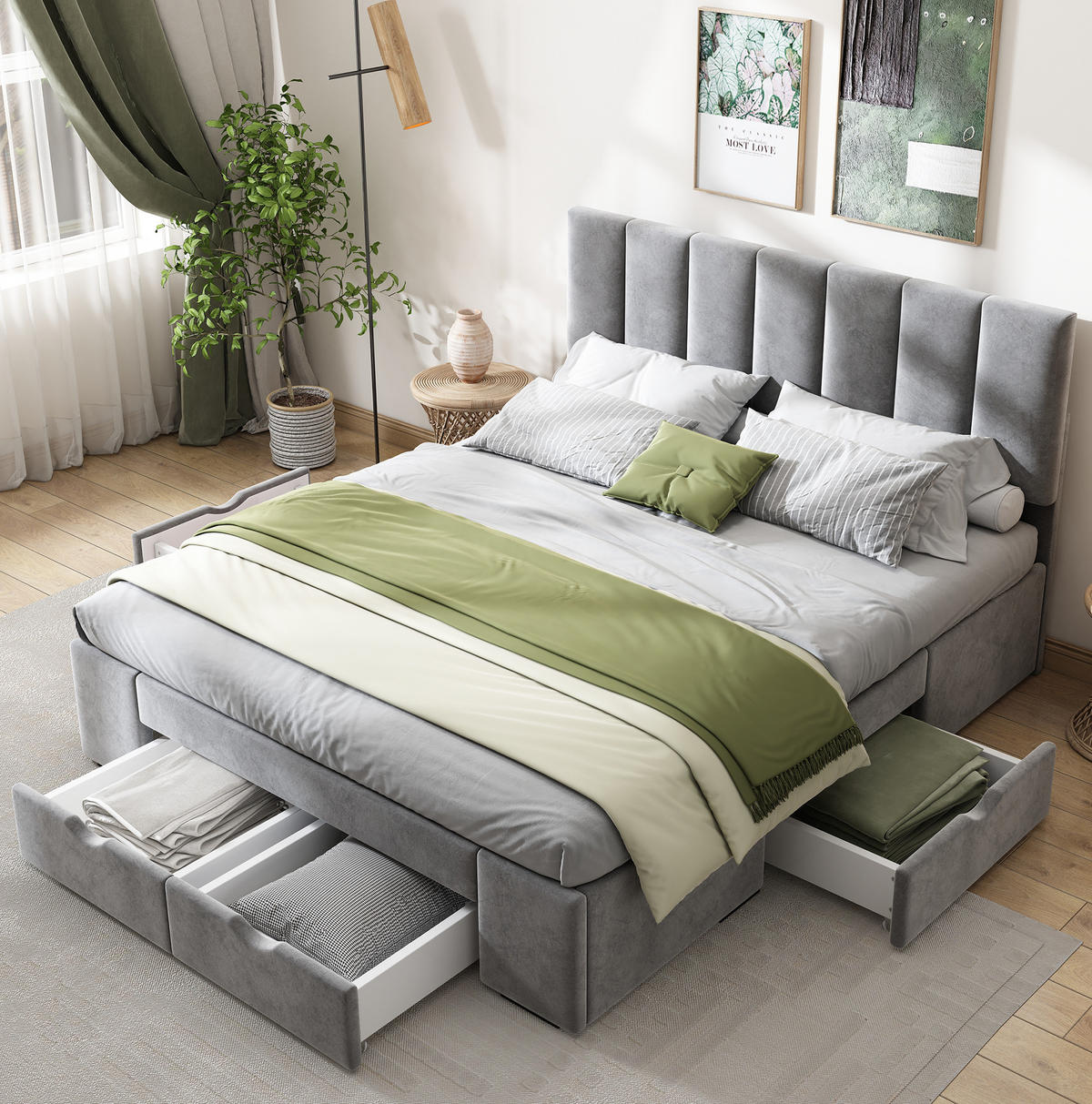 POLSTERBETT 140/200 cm Grau aus Samt mit 4 Schubladen - Grau, Textil (140/200cm) - OKMYHOME
