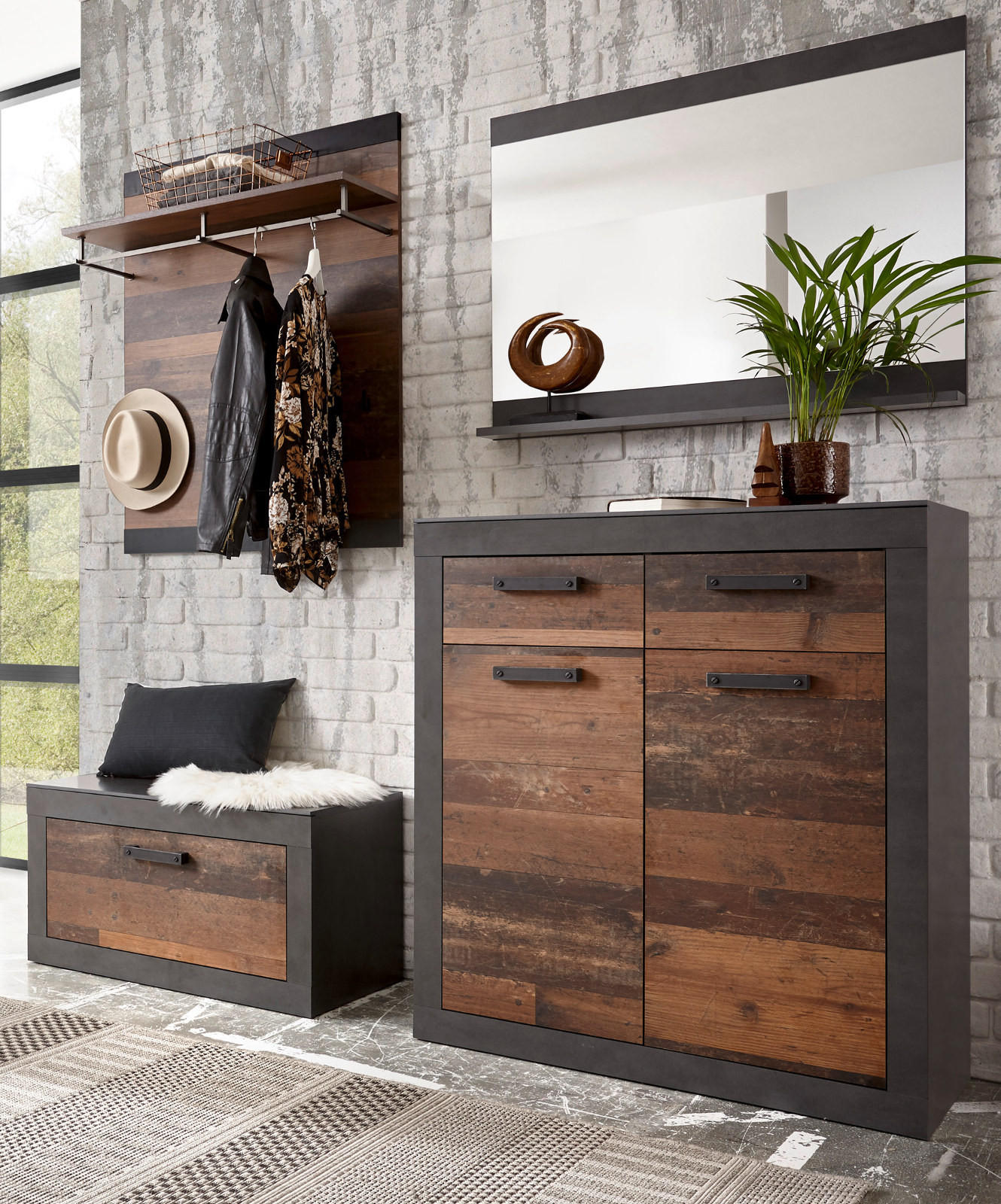 GARDEROBE Set 4-teilig Used Wood Shabby, Matera grau 192 cm - Silberfarben/Naturfarben, Glas/Holzwerkstoff (192/200/40cm) - Furn.Design