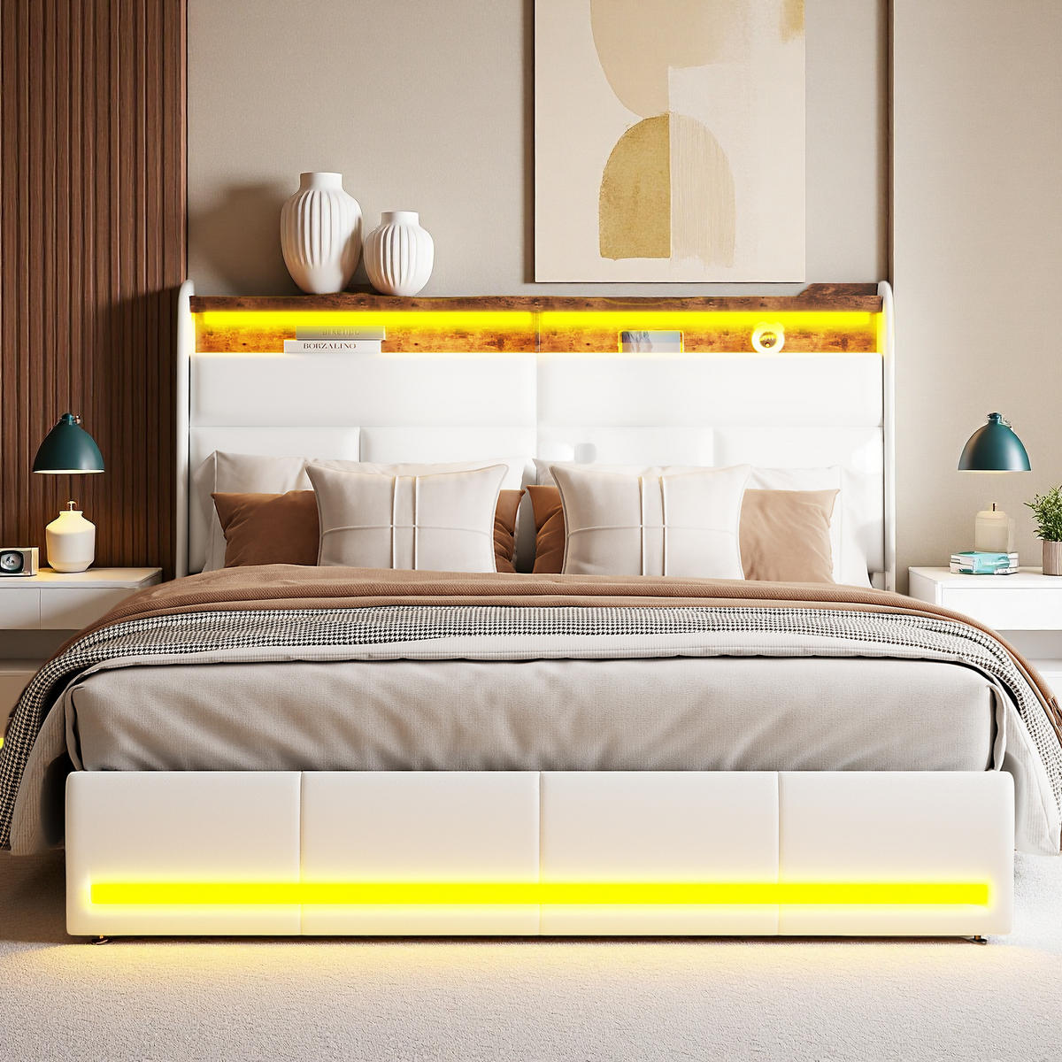POLSTERBETT 140x200 cm Weiß PU Leder LED Gaslift Bettkasten - Weiß, Holz (140/200cm) - SHOPENTRA