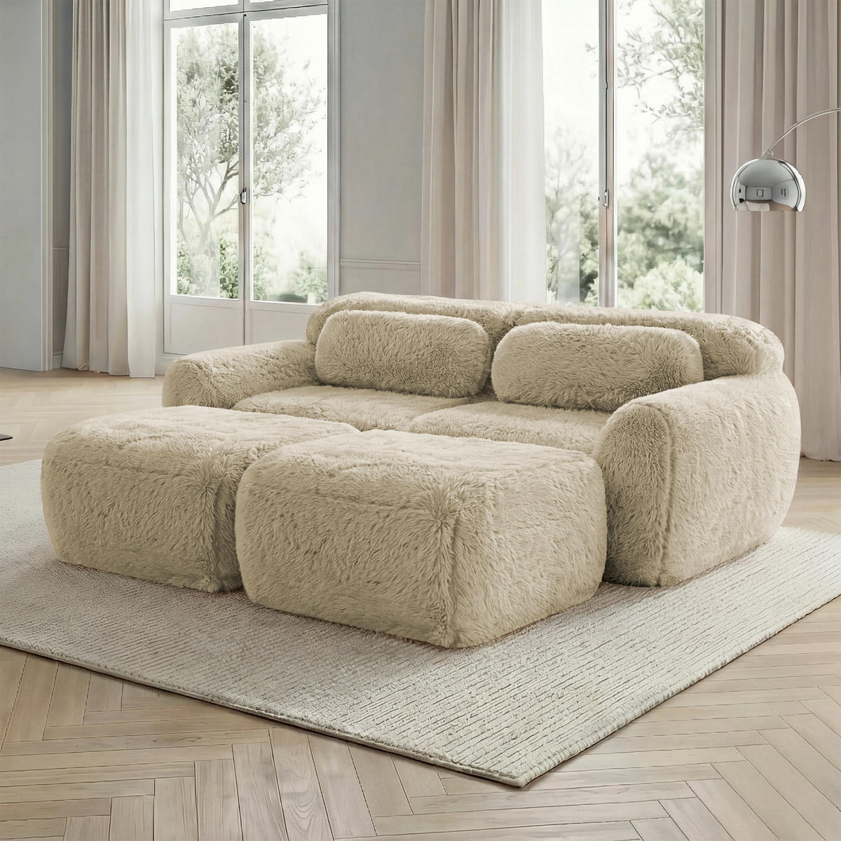2-SITZER SOFA Plüsch Hellkhaki mit 2 Ottomanen - Beige, Textil (204/73/179cm) - WISHDOR
