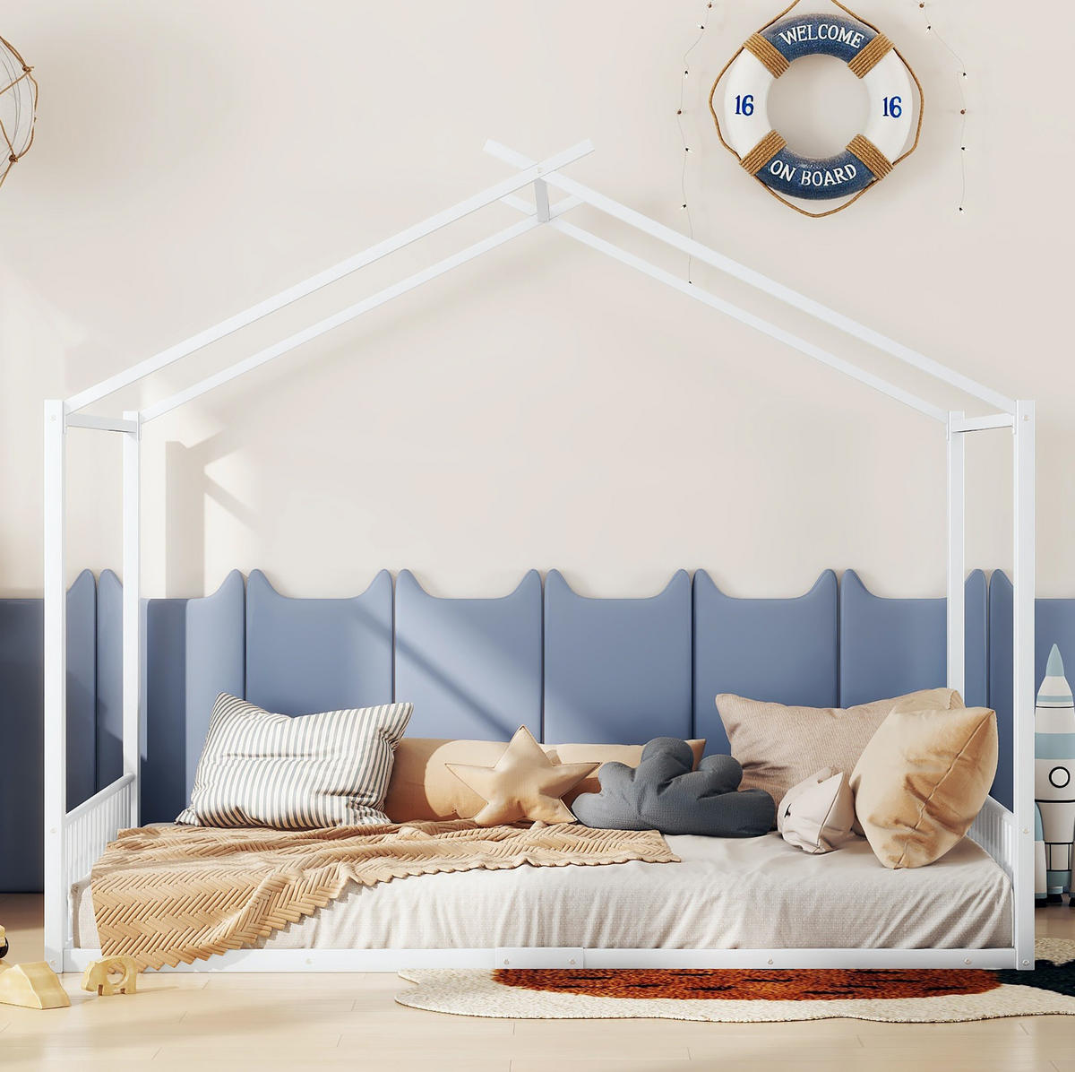 HAUSBETT 140/200 cm aus Metall in Weiß – mit Dachaufbau - Weiß, Metall (140/200cm) - BEAOK