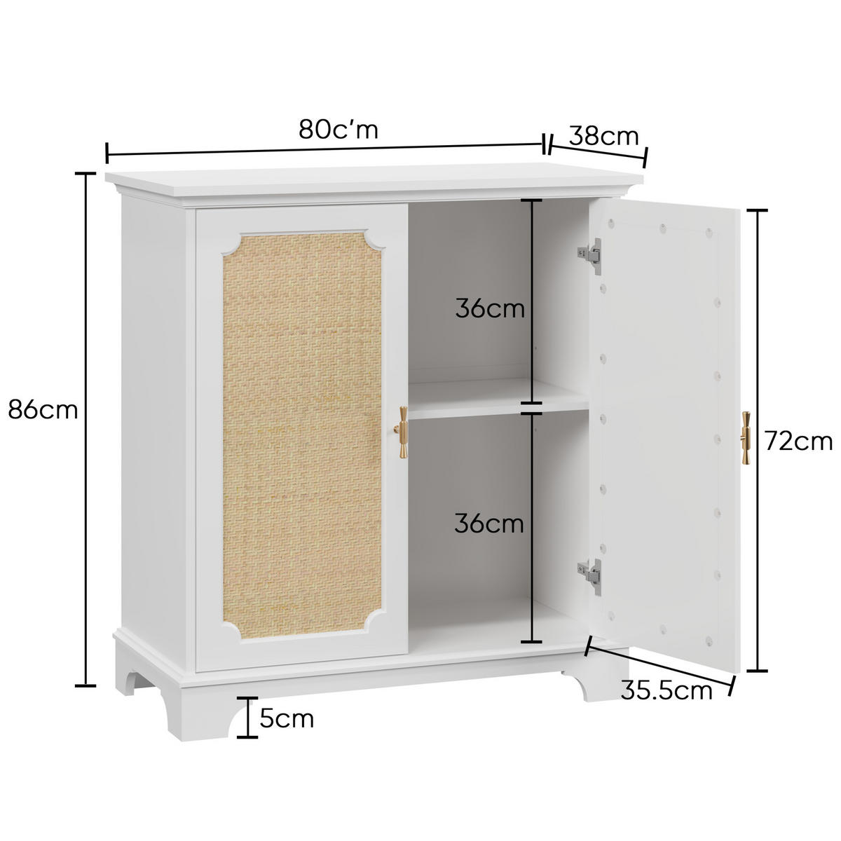KOMMODE 80/38/86 cm, Rattan-Türen, Weiß, MDF/Spanplatte mit Massivholzbeinen, viel Stauraum, Weiß - Weiß, Holzwerkstoff (80/86/38cm) - Redom