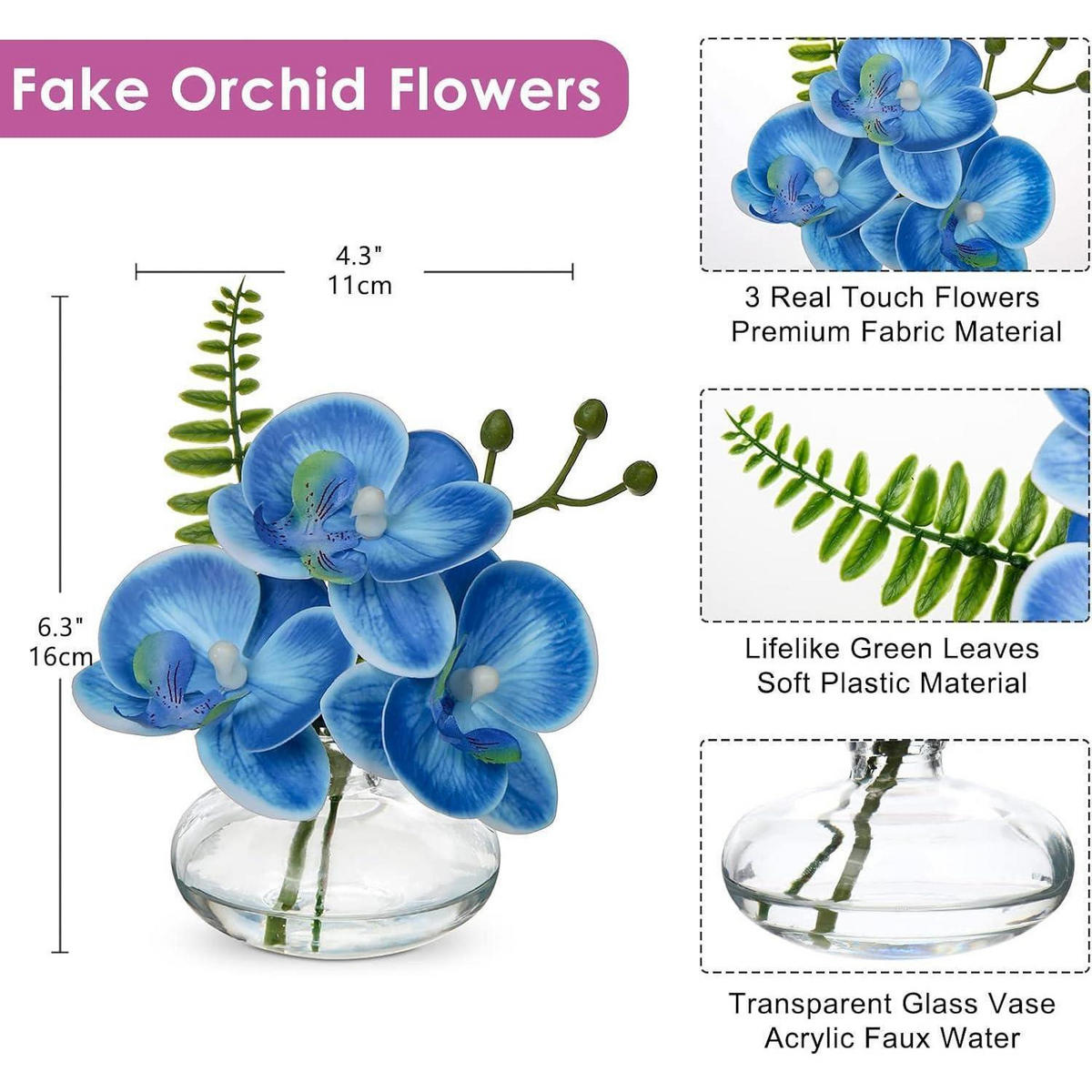 KUNSTBLUMEN 3er Set Phalaenopsis blau mit Glasvase - Blau, Kunststoff (12cm)
