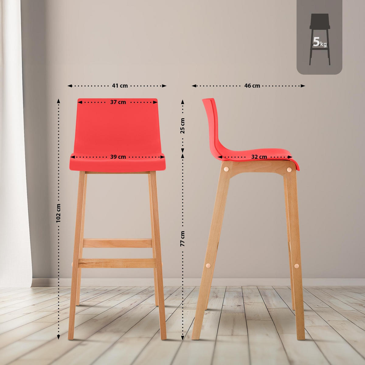 BARHOCKER Hover Massivholz 102x41x46 cm rot - Rot, Holz (41/102/46cm) - furnicato