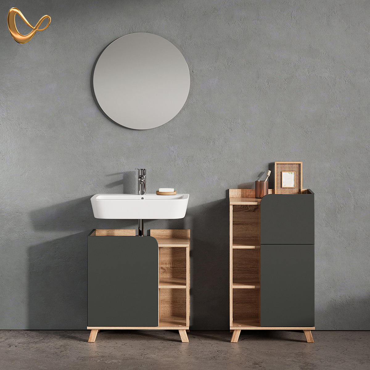 UNTERSCHRANK Marano Anthrazit 50 x 90 cm mit Tür und Schublade - Anthrazit/Sonoma Eiche, Holzwerkstoff (50/90/35cm) - Livinity®