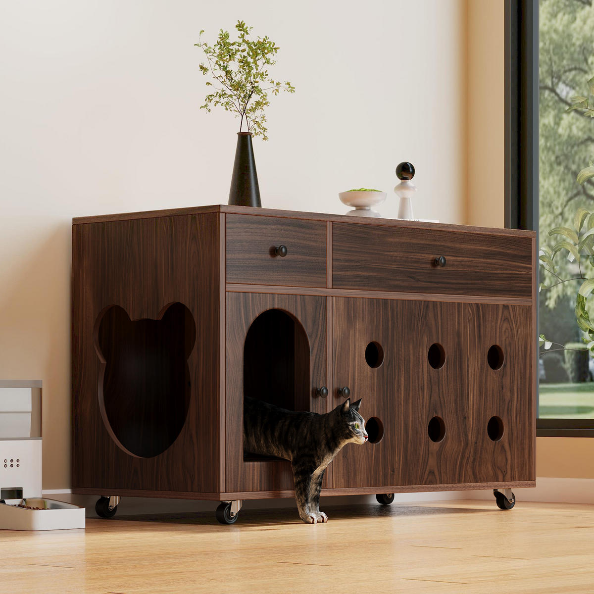 SIDEBOARD Nussbaumfarbe aus MDF 100×45×66cm als Katzenkloschrank mit Sandauffangplatte und Schubladen - Nussbaumfarben, Holzwerkstoff (45/66/10cm) - Luhomfu