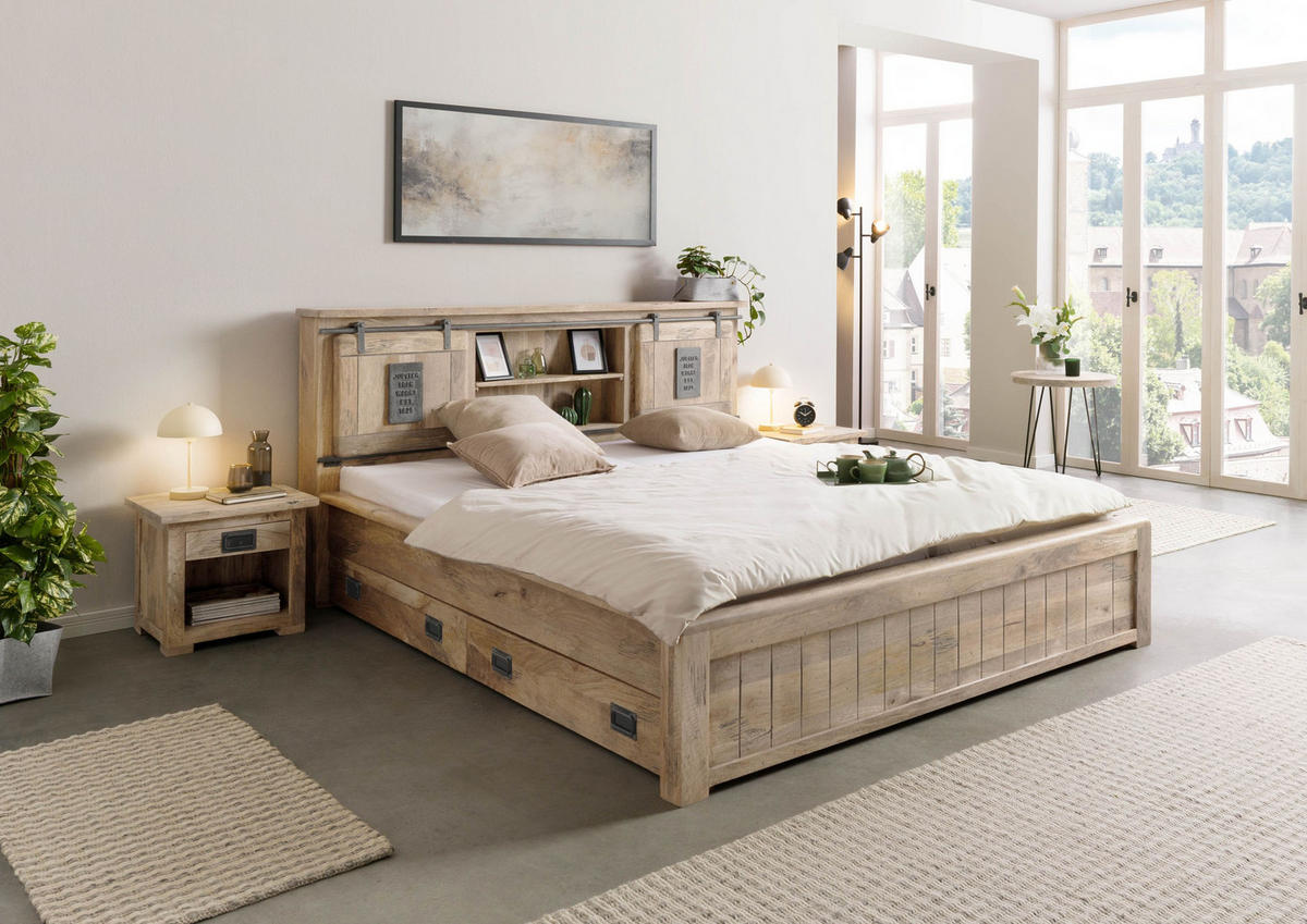 HOLZBETT mit Schublade Mango 200x200 beige lackiert RAILWAY #373 - Beige, Holz (200/200cm) - Massivmoebel24