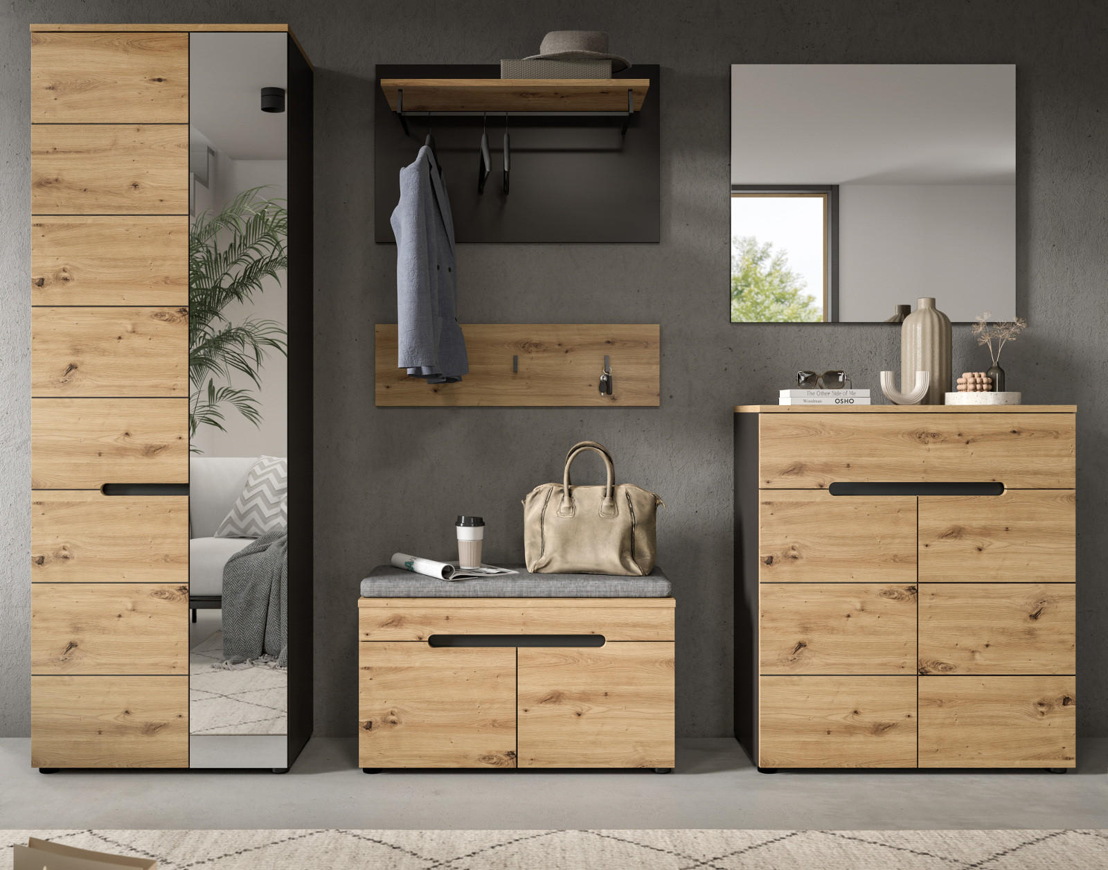 GARDEROBE Set 6-teilig Eiche Artisan und grau 255 cm mit Soft-Close - Schwarz/Eiche Artisan, Glas/Holzwerkstoff (255/190/37cm) - Inn.Furn