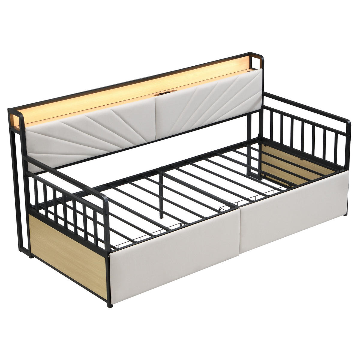 BETT 90/200 cm mit LED-Beleuchtung und Ablagen Beige - Schwarz, Metall (90/200cm) - OKWISH