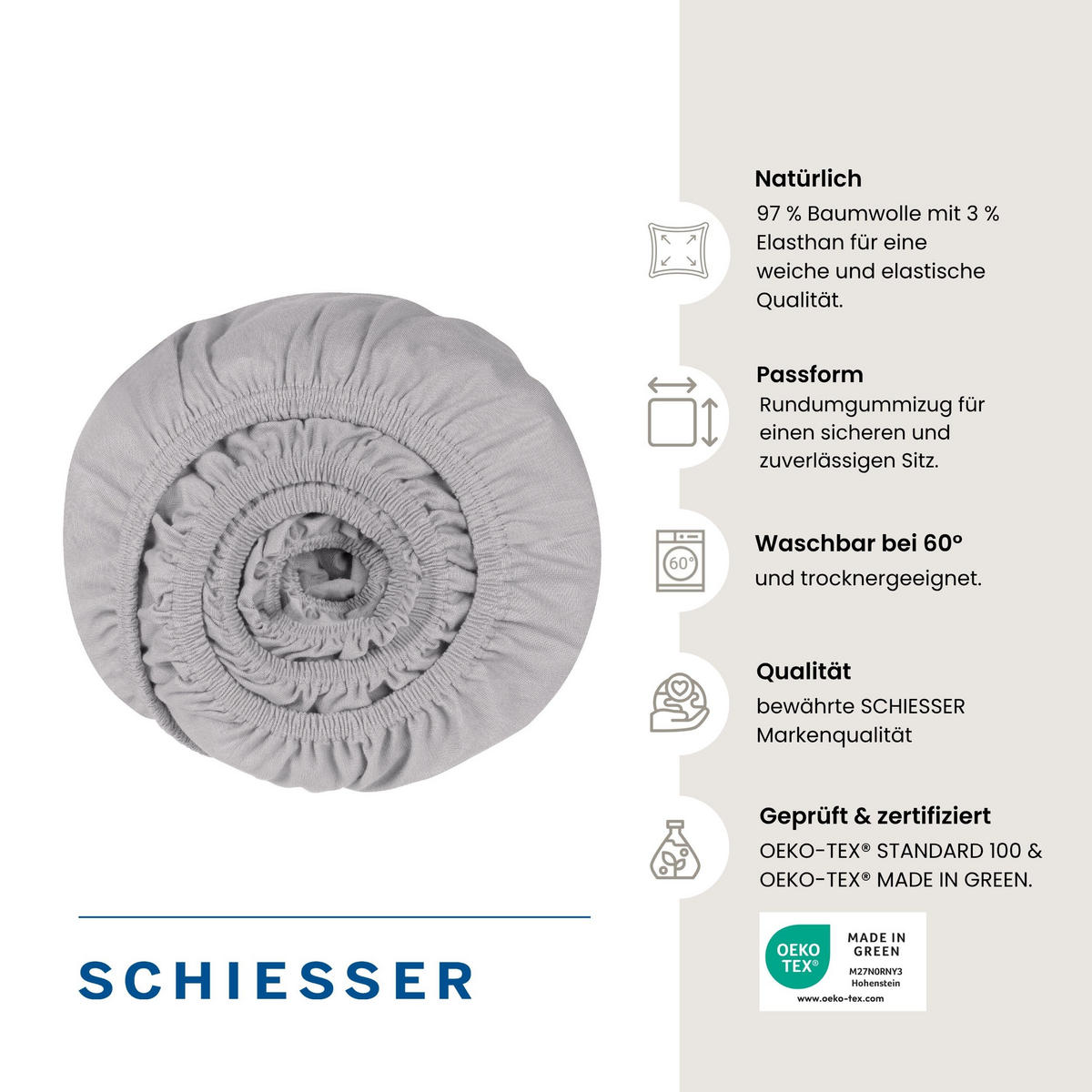 SPANNBETTLAKEN Elli 97 % Baumwolle, 3 % Elasthan 100x200 cm Hellgrau - Hellgrau, Textil (100/200cm) - SCHIESSER
