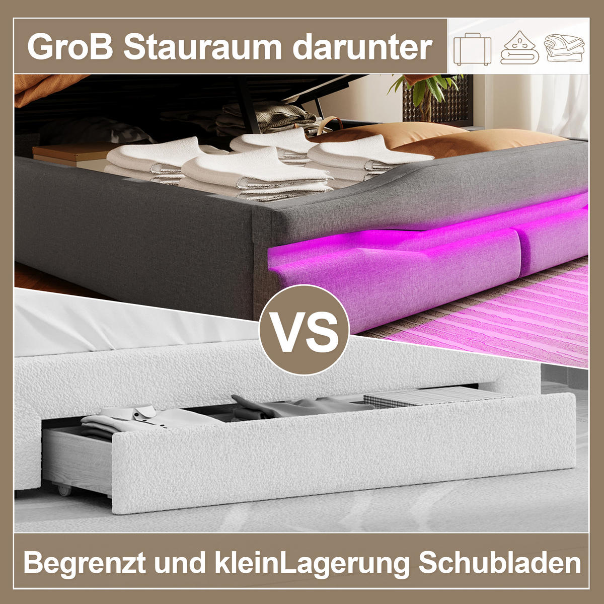 POLSTERBETT 140x200cm Grau USB-C LED-Licht Kopfteil Hydraulik - Grau, Holz (140/200cm) - FLIEKS