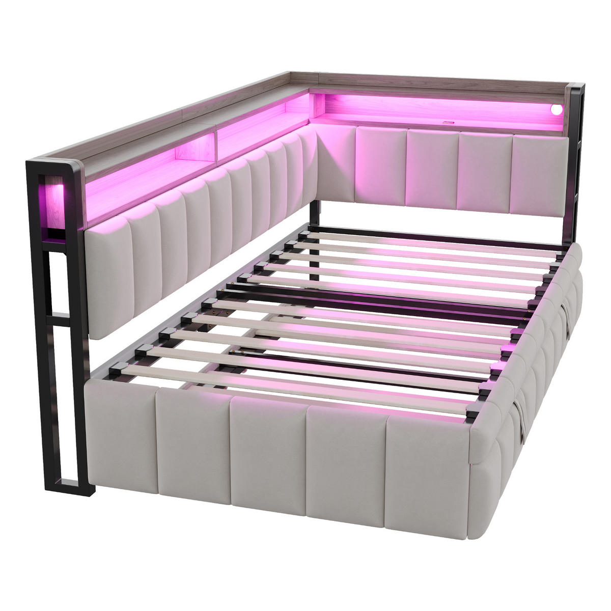 AUSZIEHBETT 90/200 cm ausziehbar mit LED und USB, DE-41717, in Hellgrau - Hellgrau, Metall (90/200cm) - ComfortXL