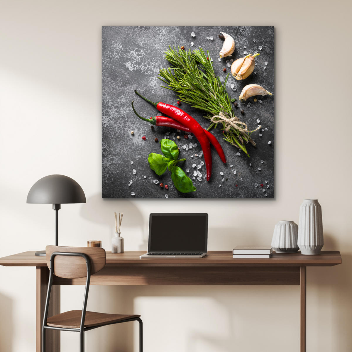 KOVOVÝ OBRAZ Korenie - bylinky - korenie - betón 90x90 cm - tmavosivá, kov (90/90cm) - MuchoWow