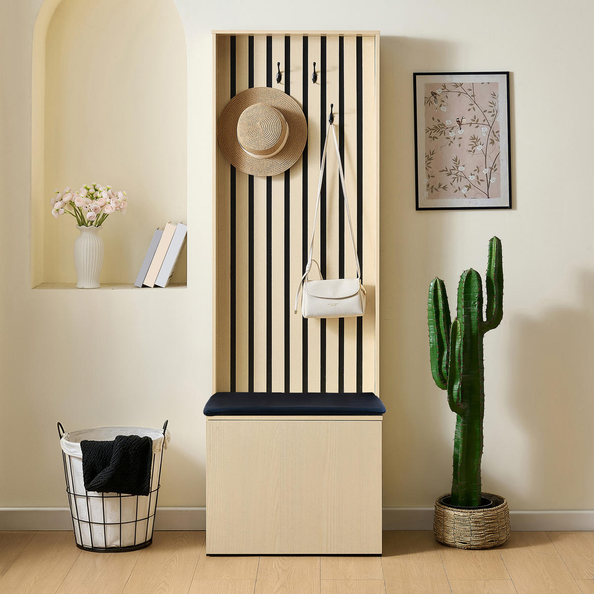 GARDEROBE Sitzbank Schuhschrank 4 Haken Stauraum Flur Organizer - Naturfarben, Holzwerkstoff (61/179.5/35cm) - FLIEKS