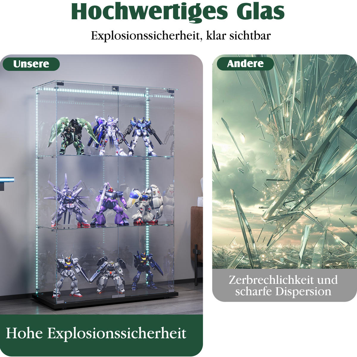 GLASVITRINE freistehend 2 Türen Schloss 3 Einlegeböden LED schwarz - Schwarz, Holz (78.5/123.3/35cm) - LEBENLANG