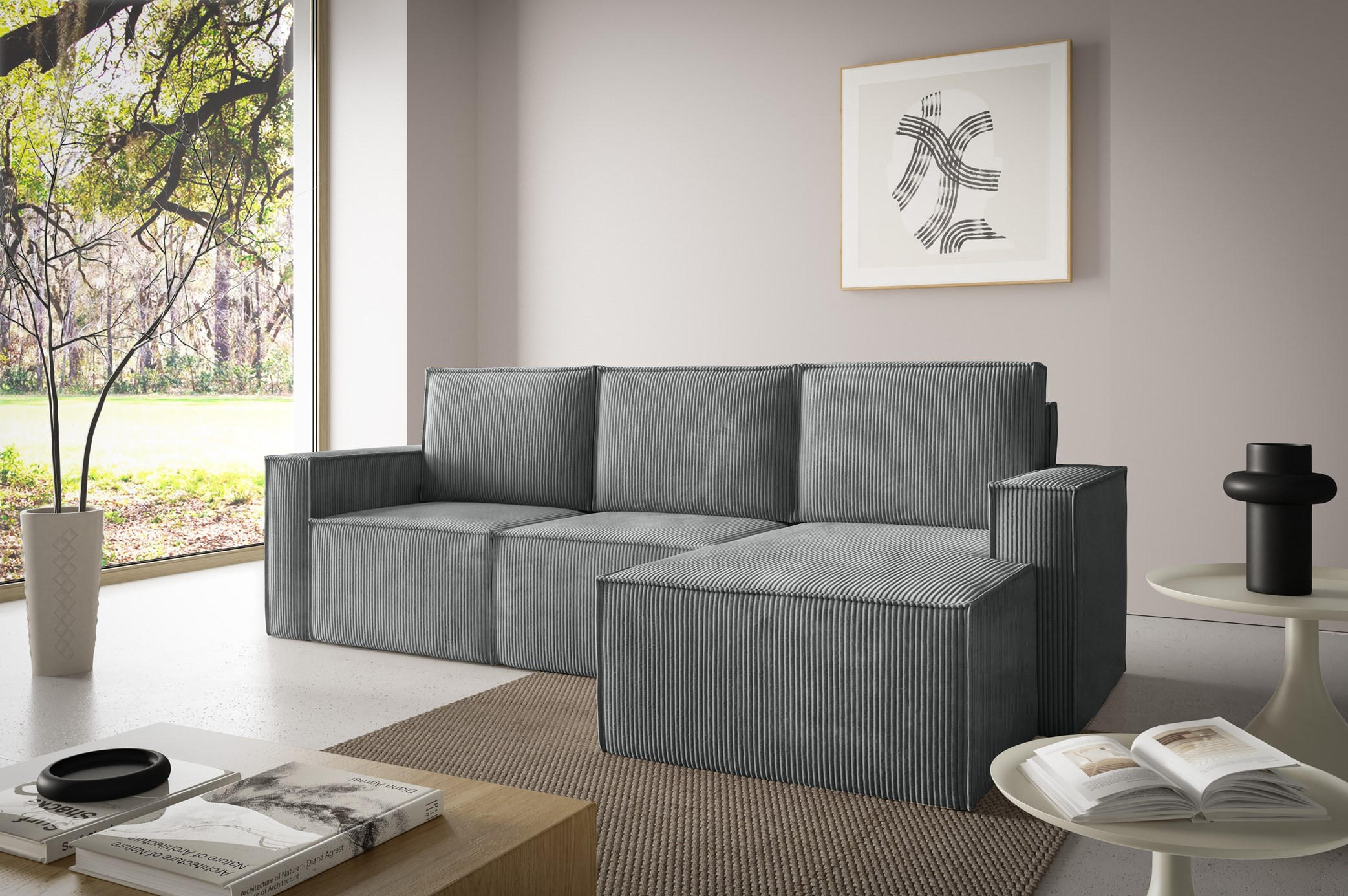 ECKSOFA Orto Dunkelgrau, Dreisitzer Kordecksofa rechte seite - Dunkelgrau, Holzwerkstoff/Textil (180/142cm) - Bettso