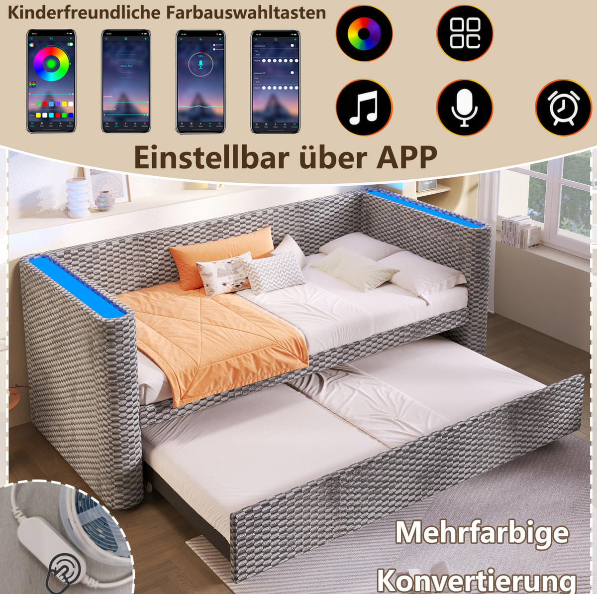 POLSTERBETT 90/200 cm ausziehbar auf 180/200 cm mit LED-Beleuchtung und Samtbezug, Grau - Grau, Textil (90/200cm) - Redom