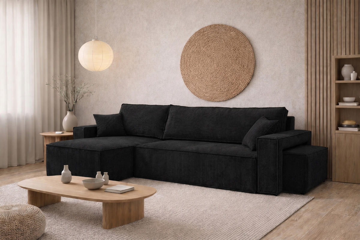 ECKSOFA Mit Schlaffunktion Und Pouf, Cordstoff Poso, Schwarz, Links, Best L Mit Pouf - Schwarz, Holz (244/145cm) - Kaiser Möbel