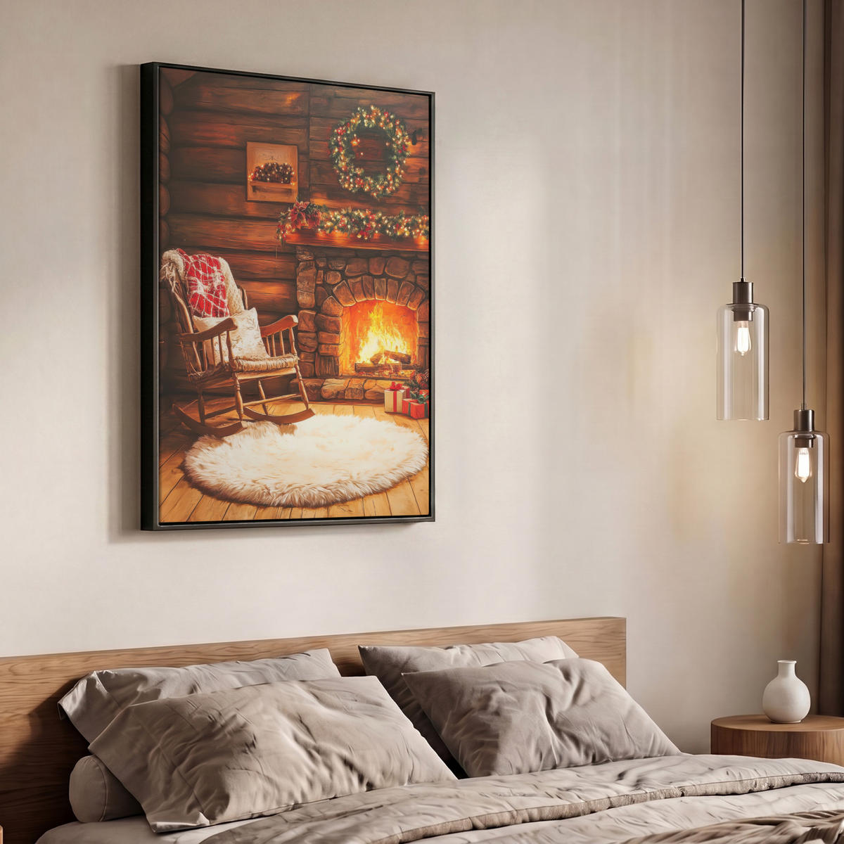LEINWAND Bilder mit Rahmen - Winter - Weihnachten - Zuhause - Kamin - 70x100 - Bernsteinfarben, Textil (70/100cm) - MuchoWow