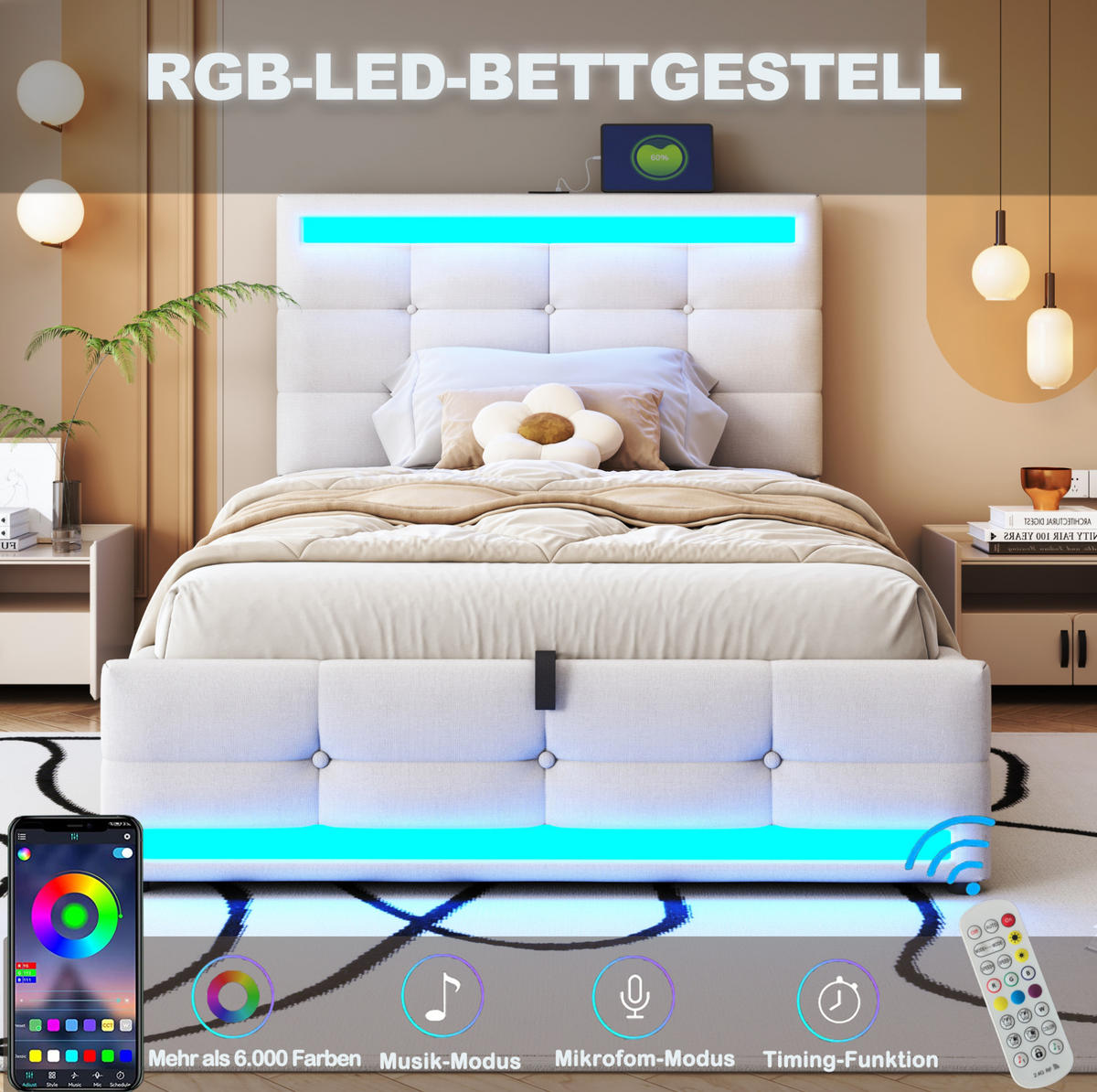 POLSTERBETT 90/200 cm mit RGB-LED, USB-Anschlüssen und verstellbarem Kopfteil, Beige - Beige, Textil (90/200cm) - Redom