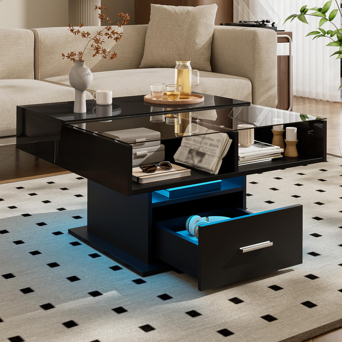 COUCHTISCH Höhenverstellbar mit LED-Beleuchtung und flexiblem Stauraum - Schwarz, Holzwerkstoff (78/78/45cm) - Korfee