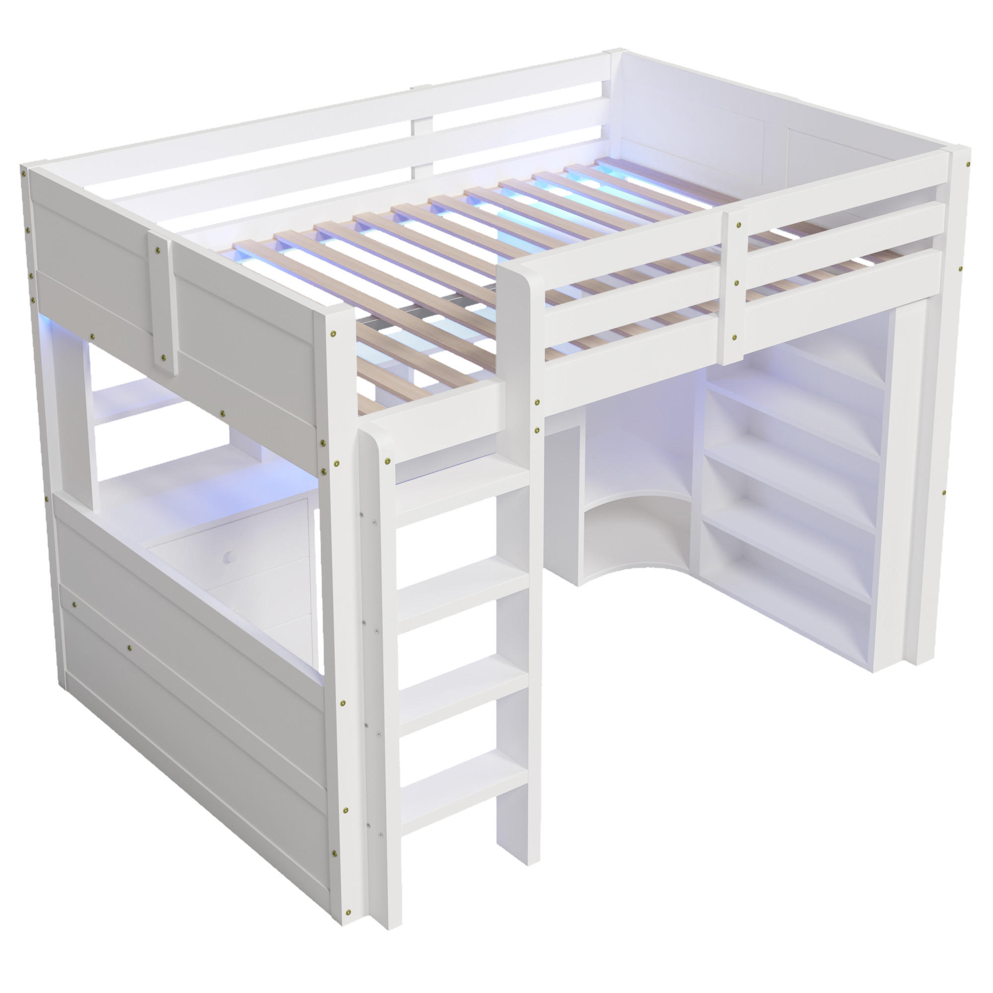 HOCHBETT 140/200 cm DE-04505, mit LED, Kleiderschrank und Schreibtisch in Weiß - Weiß, Holz/Holzwerkstoff (140/200cm) - ComfortXL