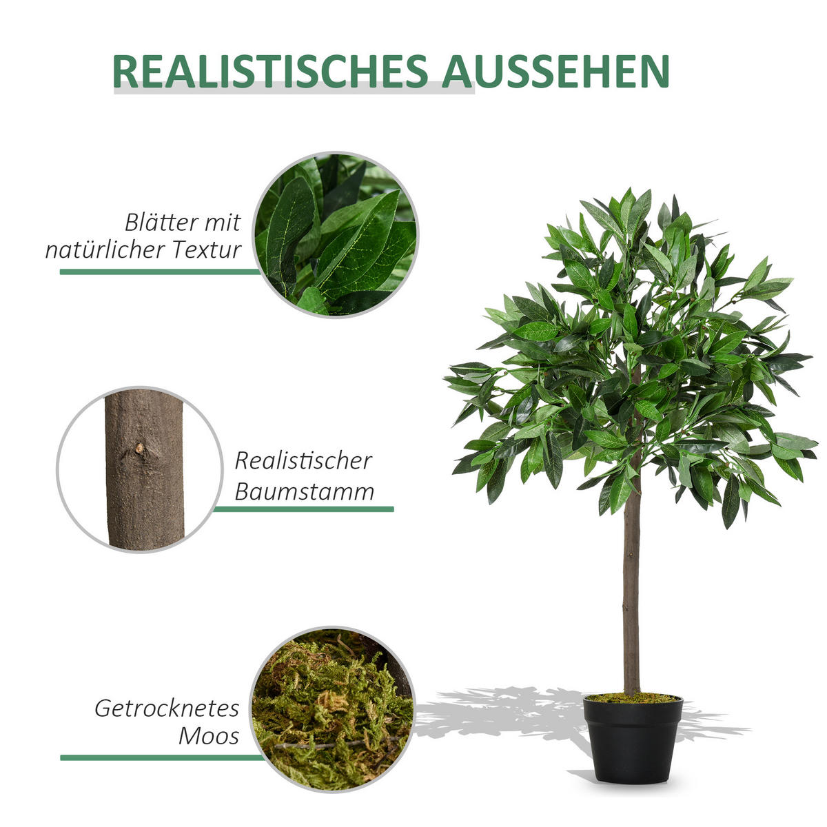 2ER-SET Künstlicher Lorbeerbaum 90 cm Kunstpflanzen im Zementtopf, Zimmerpflanze - Schwarz/Braun, Kunststoff (90cm) - Outsunny