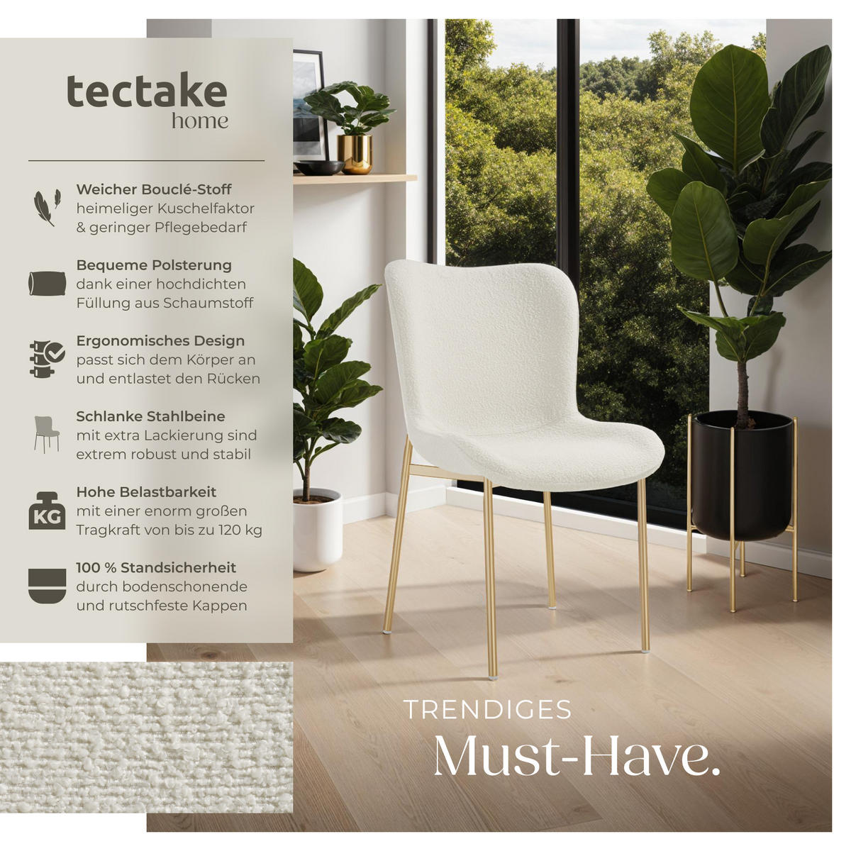POLSTERSTUHL 4er Set Tessa 54 x 62 x 90 cm Bouclé weiß/gold - Goldfarben/Weiß, Kunststoff (54/90/62cm) - tectake