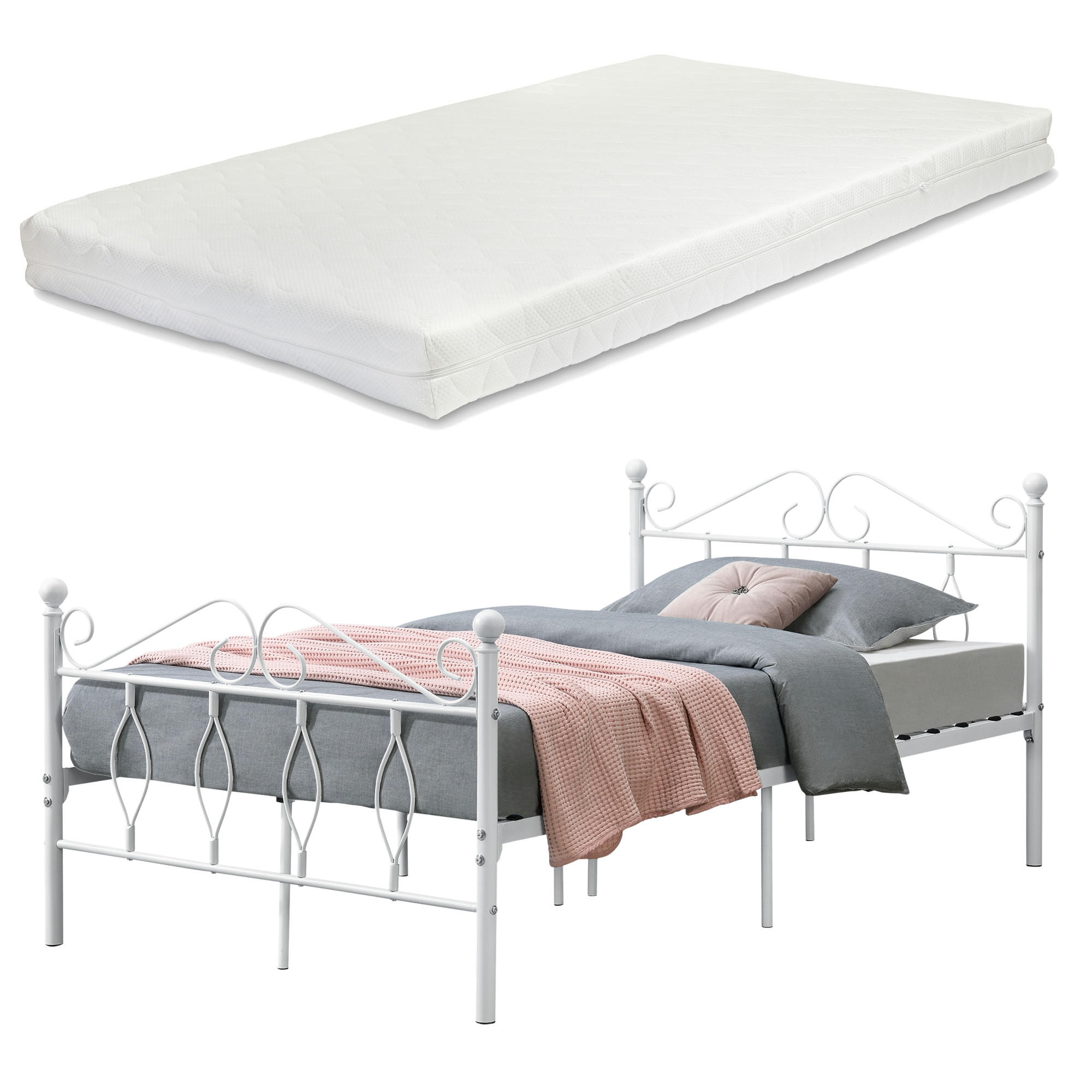 METALLBETT Apolda mit Matratze - Weiß, Textil/Metall (120/200cm) - [en.casa]