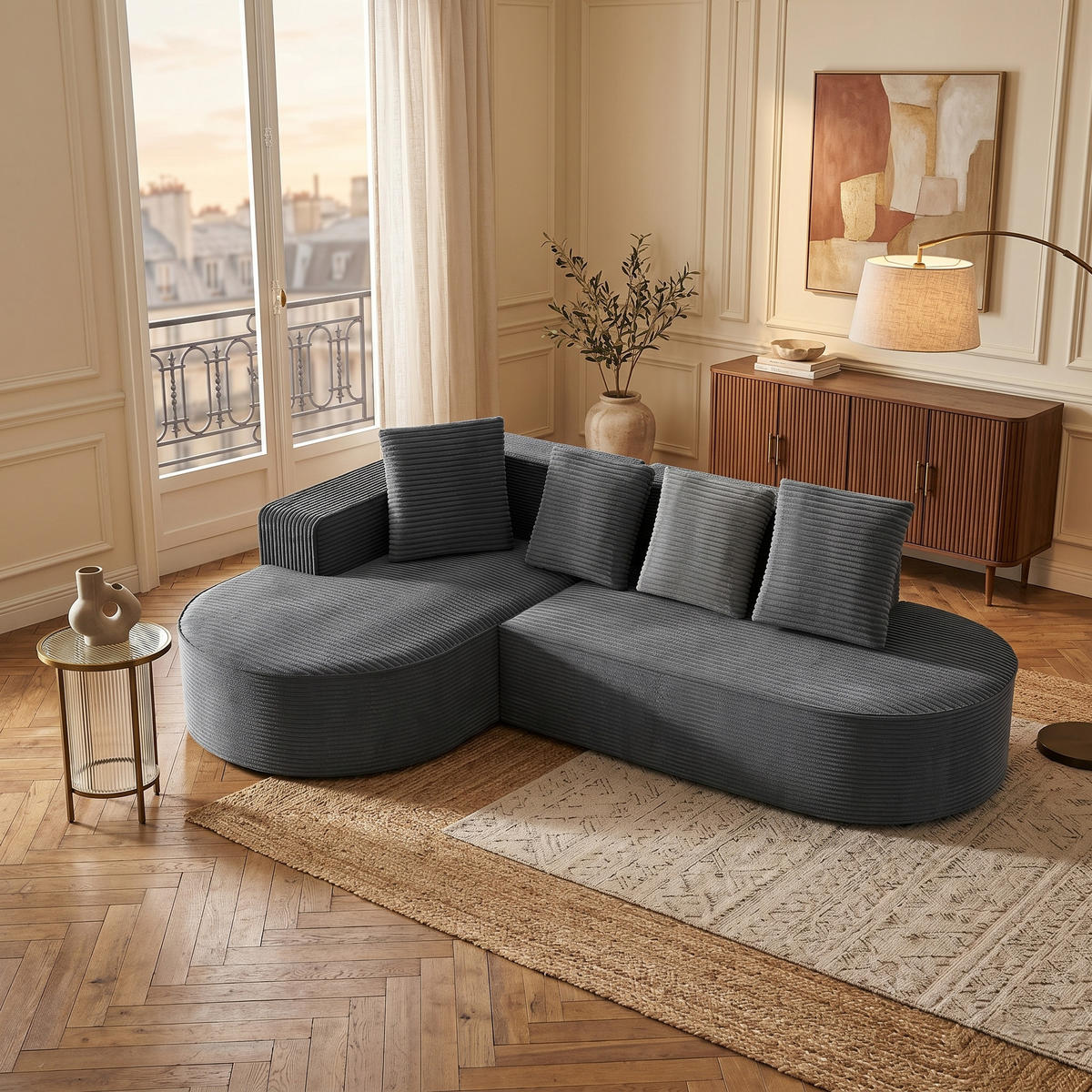 CANAPEA de colț din fleece granulat, design lounge fără ramă, nu necesită asamblare. - gri, material textil (265/67cm) - Urban Meuble