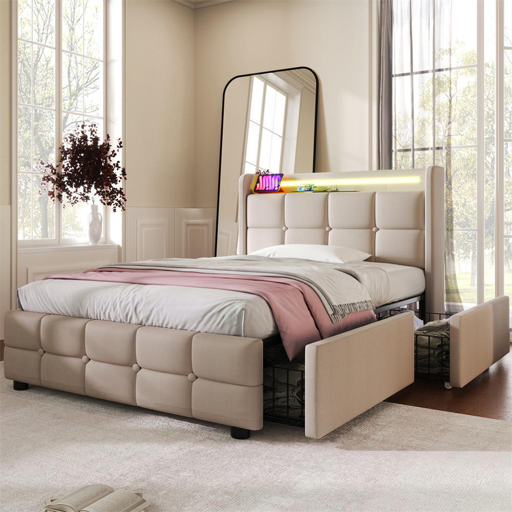 POLSTERBETT 90/200 cm in Beige - Beige, Holz/Textil (90/200cm) - KOMHTOM