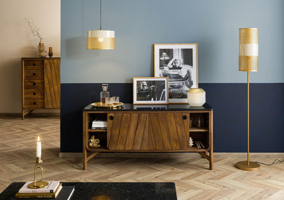 SIDEBOARD Mango 140x45x65 braun geölt / dunkler Granit LOS ANGELES #108 - Braun, Holz (140/65/45cm) - Massivmoebel24