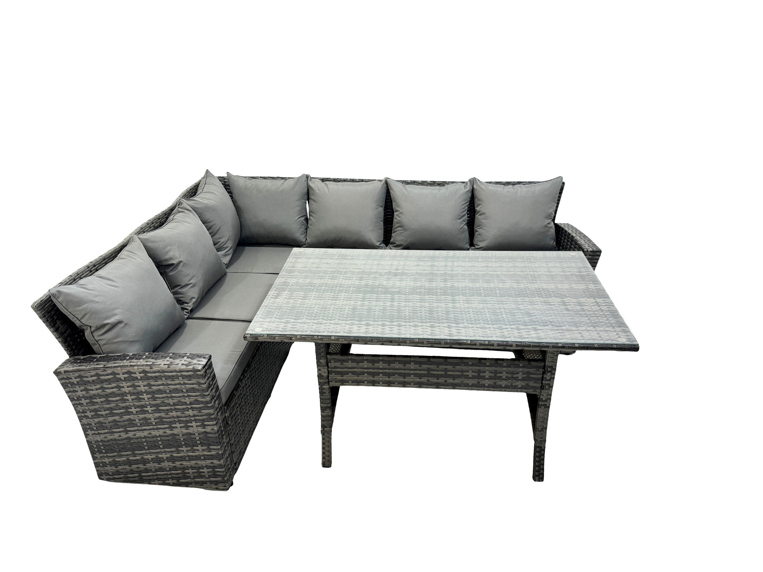GARTENLOUNGE mit Ecksofa Polyrattan Dunkelgrau 6-Sitzer - Dunkelgrau/Grau, Glas/Kunststoff - Fimous