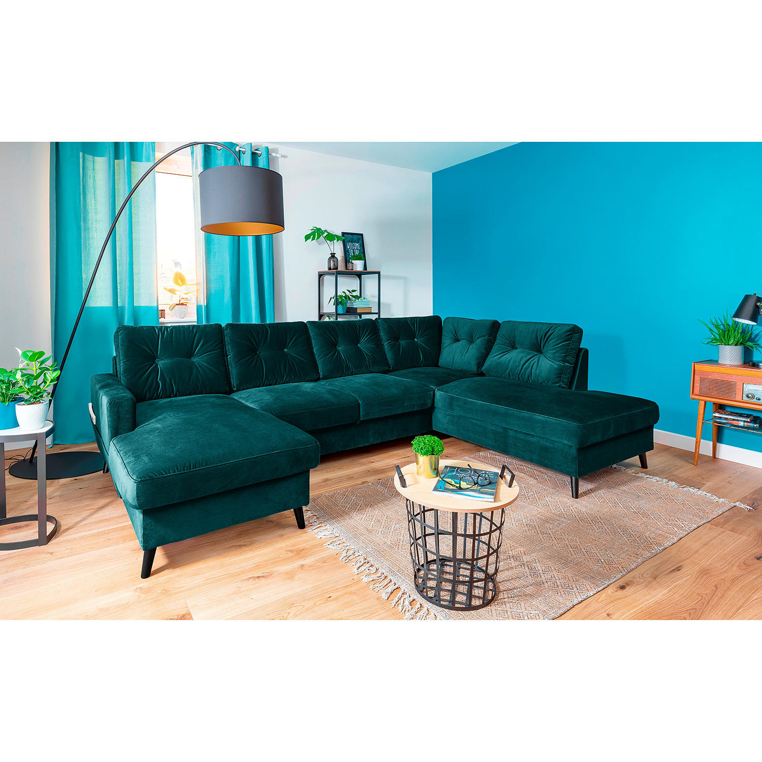 WOHNLANDSCHAFT mit Longchair - Petrol/Schwarz, Textil (297/90/200cm) - home24