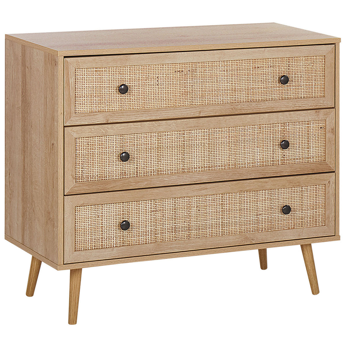 KOMMODE 3 Schubladen Rattan heller Holzfarbton Ponca - Hellbraun/Schwarz, Holzwerkstoff (90/79/40cm) - Beliani