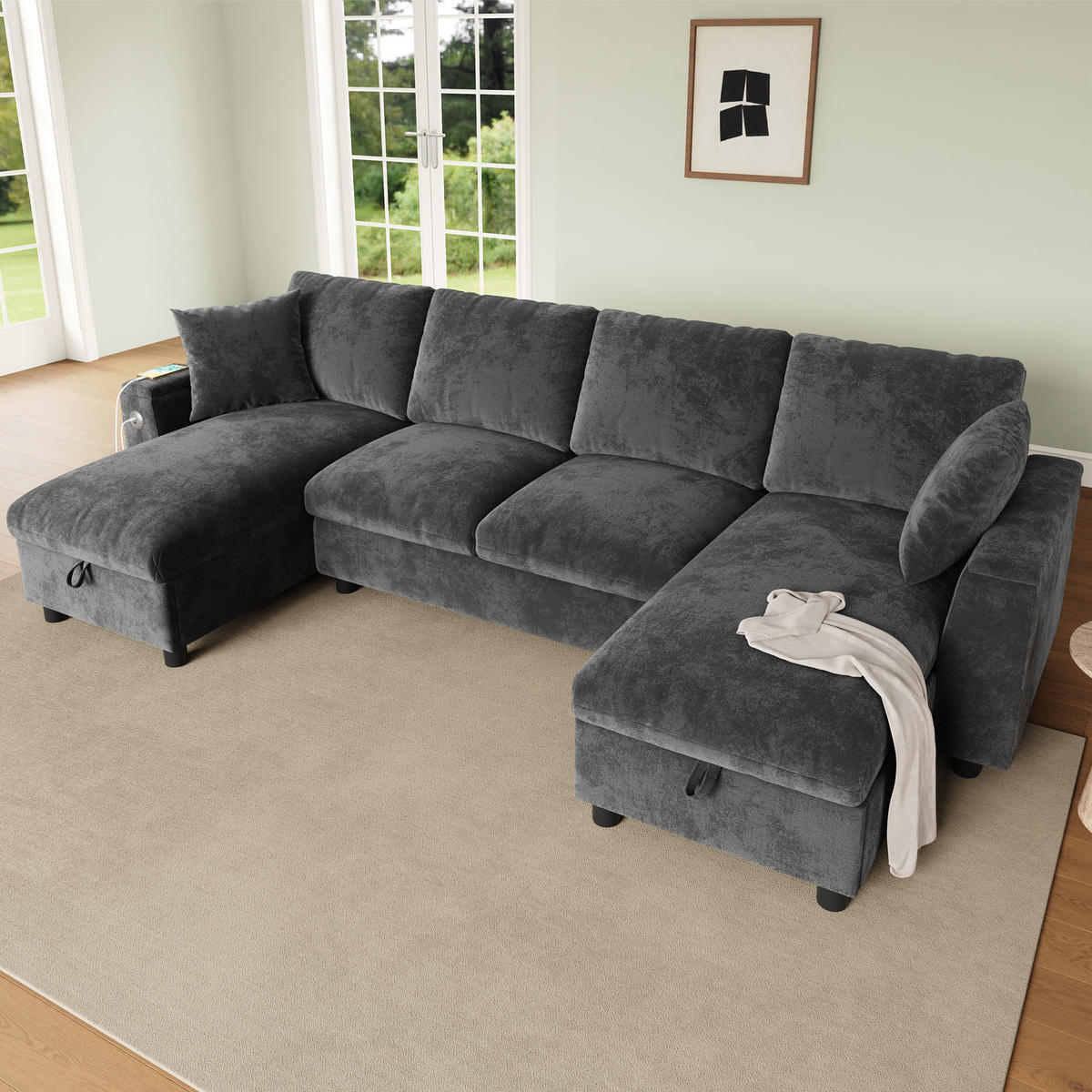 WOHNLANDSCHAFT Chenille Grau mit Stauraum, USB und Type-C - Grau, Holzwerkstoff/Kunststoff (284/84/135cm) - WISHDOR