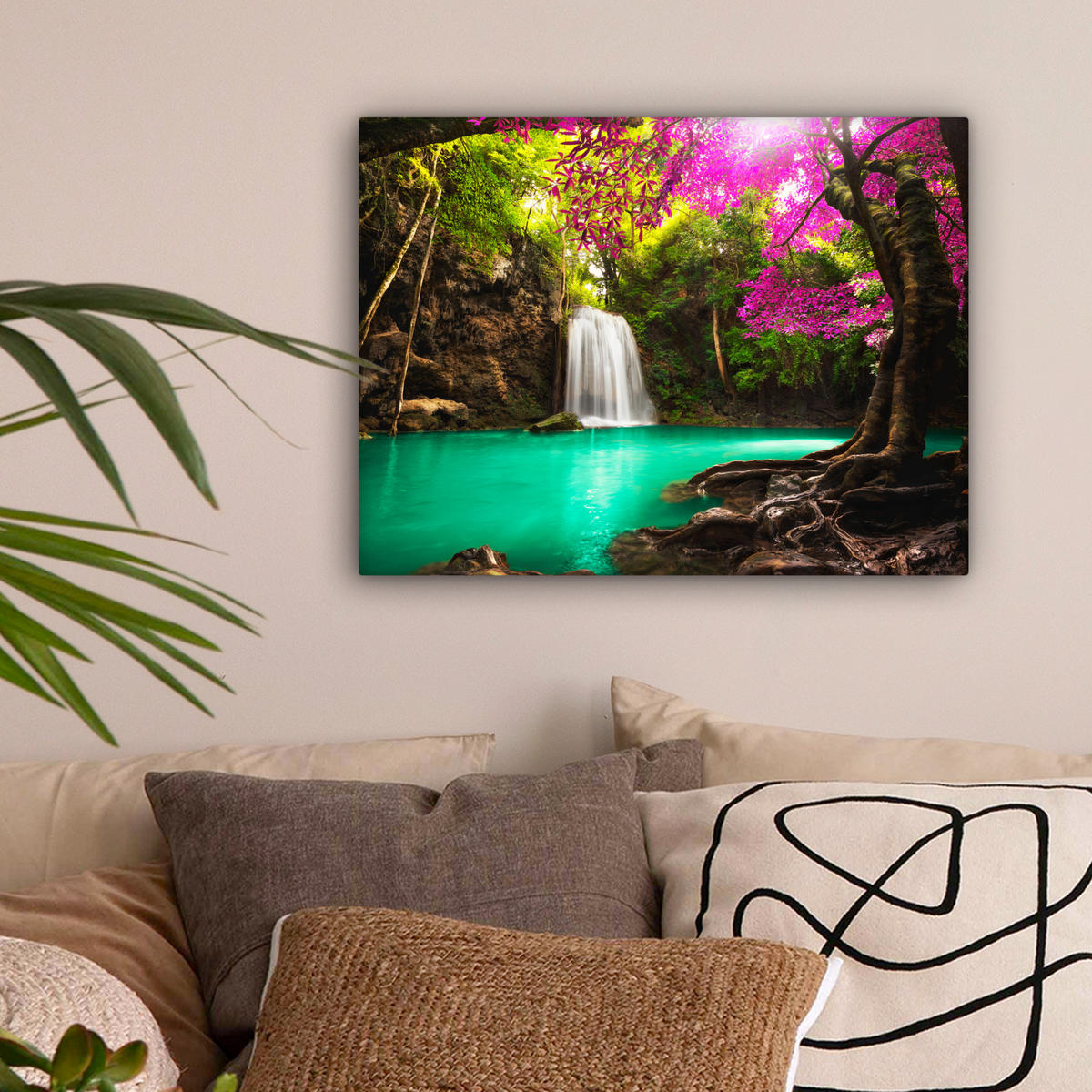 LEINWANDBILD Wasserfall mit bunten Blumen und Bäumen - Natur - Dschungel 40x30 cm - Waldgrün, Textil (40/30cm) - MuchoWow