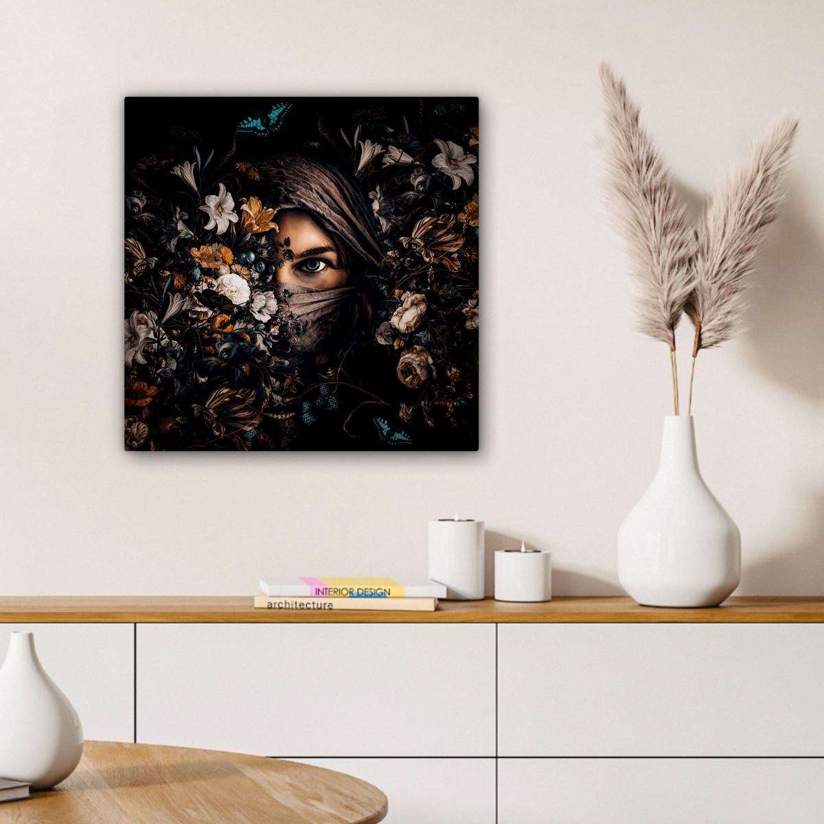 LEINWANDBILD Frau - Luxus - Blumen - Schmetterling - Porträt 50x50 cm - Schwarz, Textil (50/50cm) - MuchoWow
