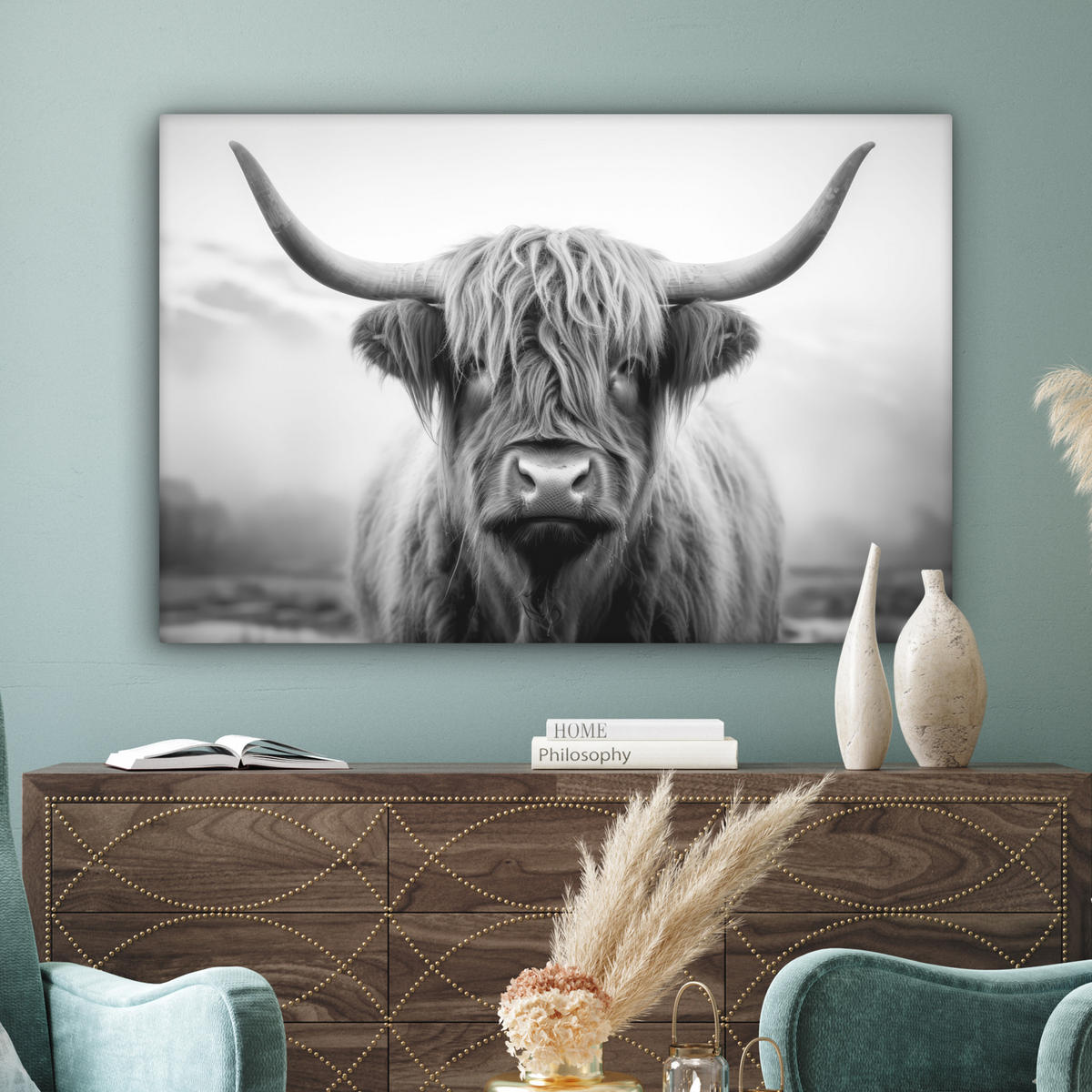 OBRAZ NA PLÁTNE Škótsky horal - hmla - čierna - biela 120x80 cm - sivá, textil (120/80cm) - MuchoWow