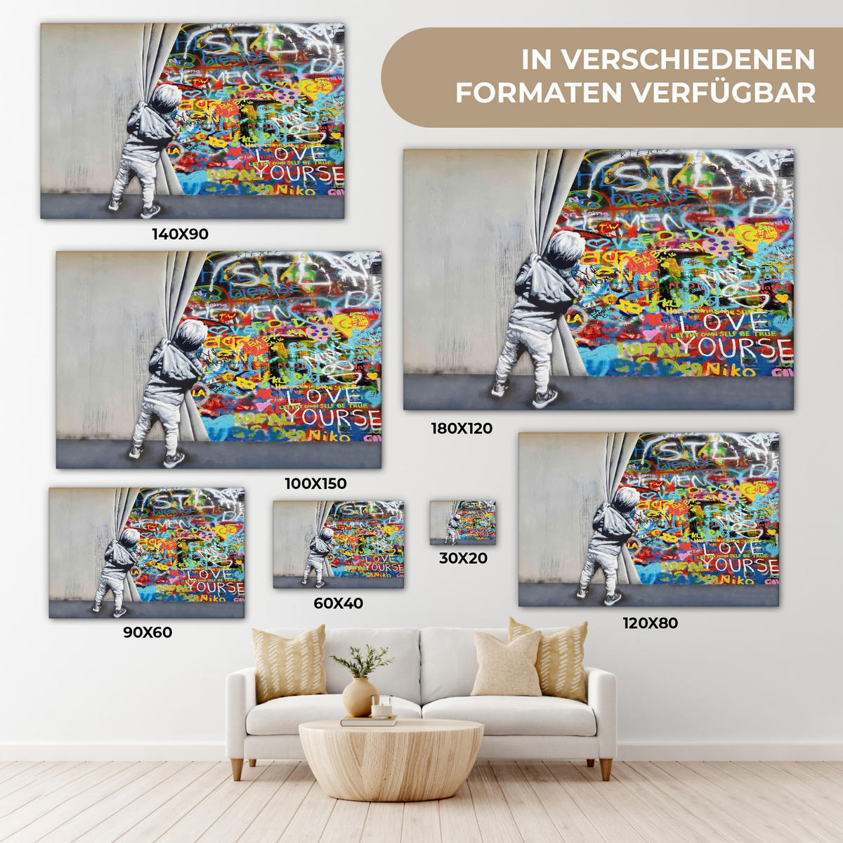 LEINWANDBILD Graffiti - Junge - Ilussie - Straßenkunst Wohnzimmer 120x80 cm - Hellgrau, Textil (120/80cm) - MuchoWow