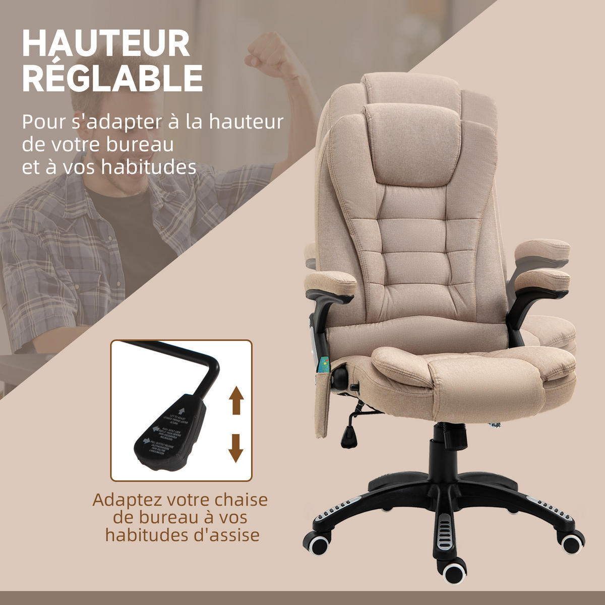 CHEFSESSEL DE-11661 mit Massage & Heizfunktion Beige - Beige, Textil (74/116/67cm) - ComfortXL