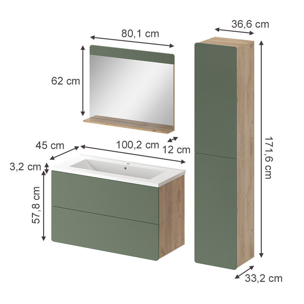 SÚPRAVA KÚPEĽŇOVÉHO NÁBYTKU Izan, zelená/Dub Goldkraft, 4-dielna - zelená/dub medový, kompozitné drevo (100/57.8/44.6cm) - Vicco