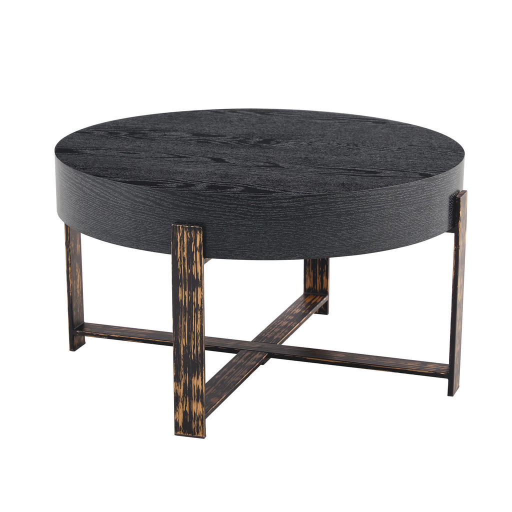 Modfu ODKLÁDACÍ stolek z MDF a kovu 68x68x39 cm černý s deskou s kresbou dřeva, křížovou podnoží a nosností 120 kg
