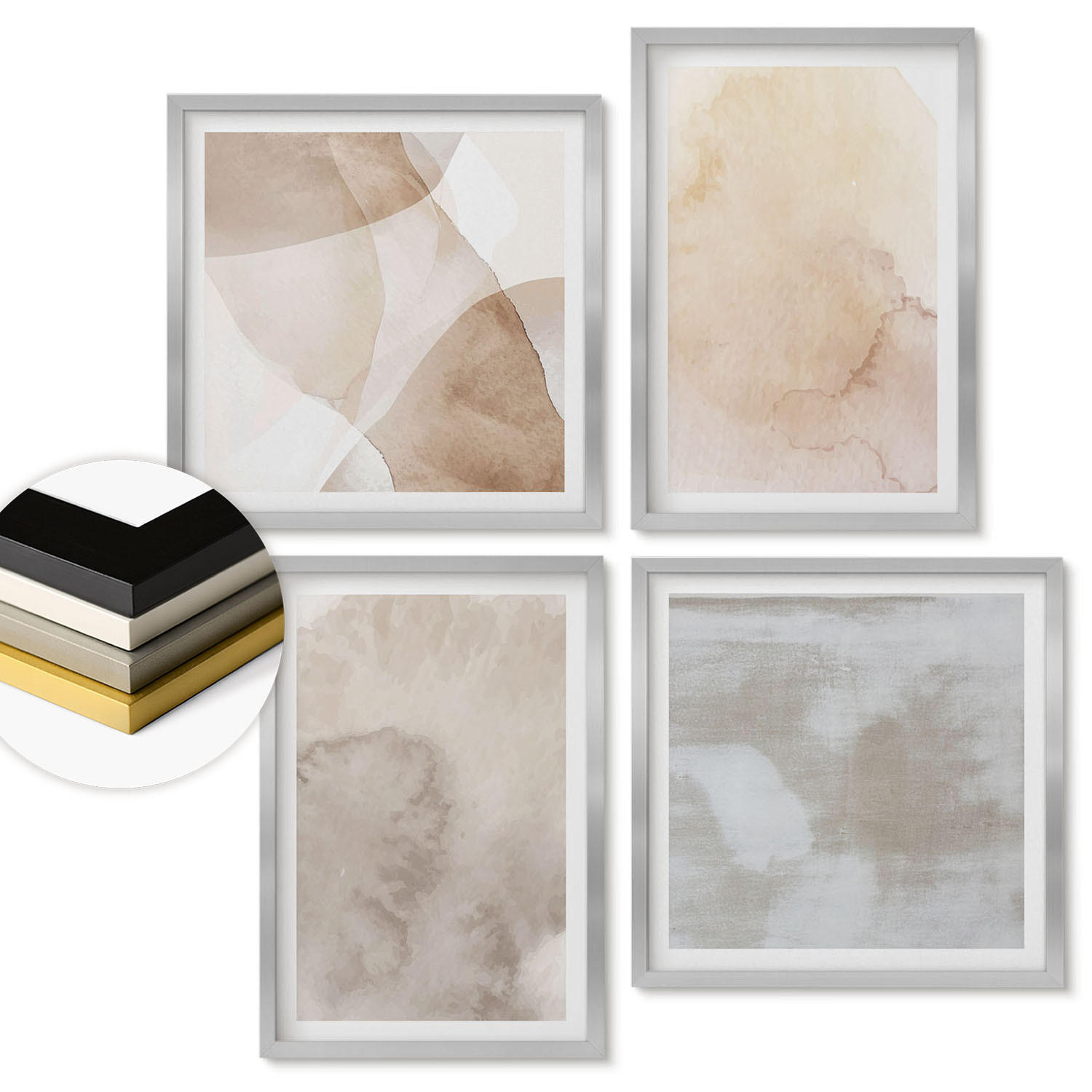 WANDBILDER 4er Set - 50x50 cm & 40x60 cm Silberner Rahmen - Warme Aquarell-Pastelltexturen - Silberfarben, Kunststoff (50/50cm) - ArtPrintCave