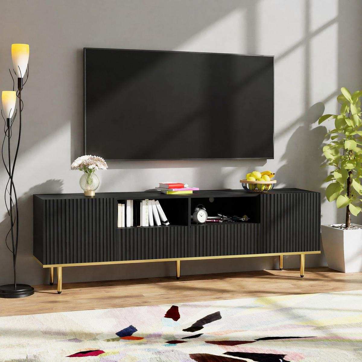 TV STOLEK černý se zásuvkami a zlatými nohami, do obývacího pokoje, 165×36×55 cm - černá/zlatá, kov/kompozitní dřevo (165/55/36cm) - STILVORA