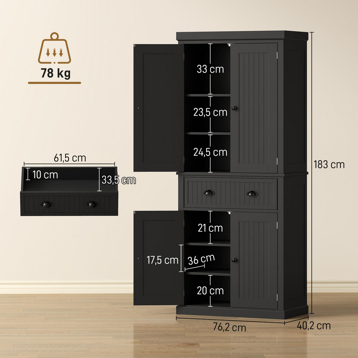 HIGHBOARD DE-11318 4 Türen Schwarz - Schwarz, Holzwerkstoff (40.2/183/76.2cm) - ComfortXL