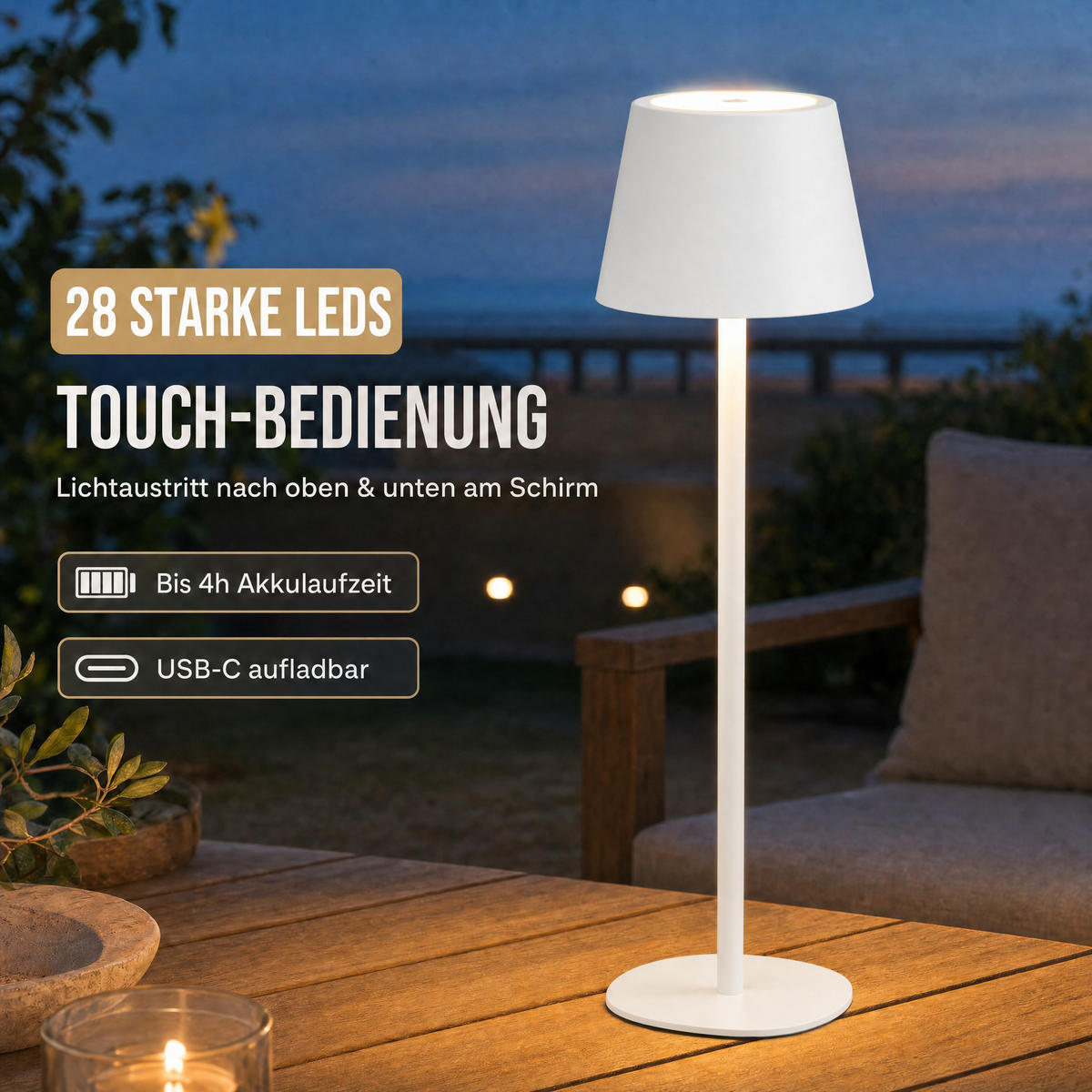 LED-TISCHLAMPE Akku 3-in-1 Weiß dimmbar Flaschenaufsatz 26/45 cm Touch IP54 - Weiß, Kunststoff (11/11/45cm) - Northpoint