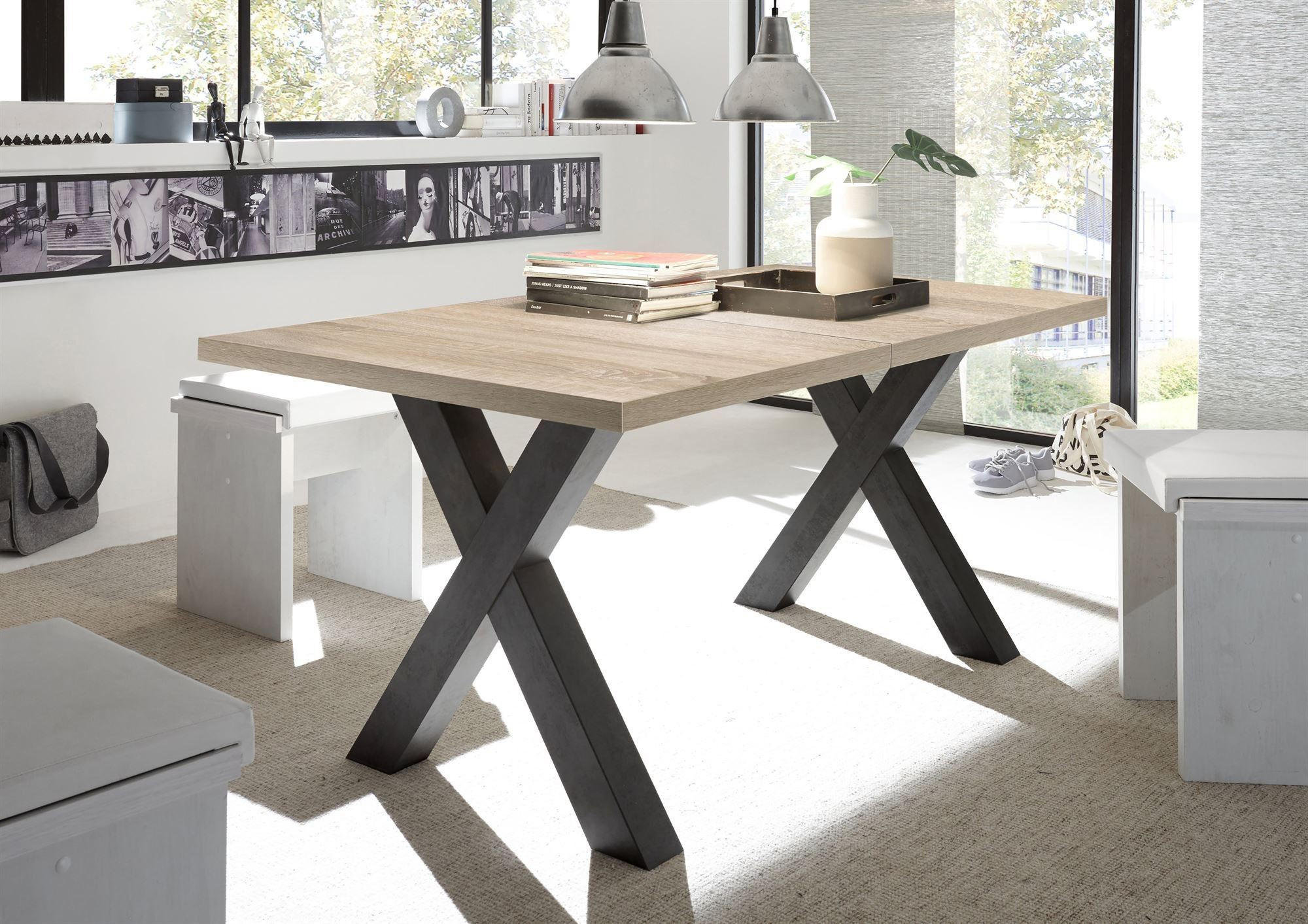 ESSTISCH ausziehbar Eike 7 140 x 90 x 75 Esszimmertisch Schwarzstahl/Eiche Sägerau - Sonoma Eiche, Holz (140/90/75cm) - 58aufmkessel