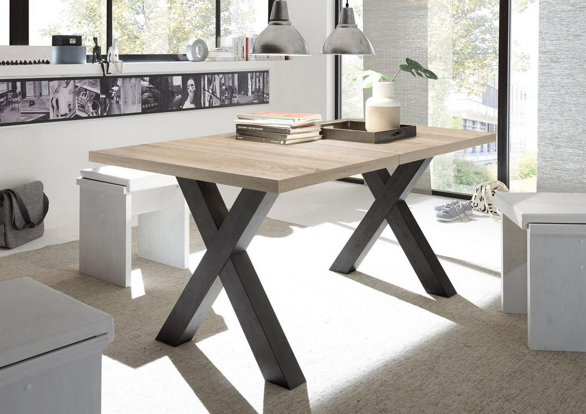 ESSTISCH ausziehbar Eike 7 140 x 90 x 75 Esszimmertisch Schwarzstahl/Eiche Sägerau - Sonoma Eiche, Holz (140/90/75cm) - 58aufmkessel