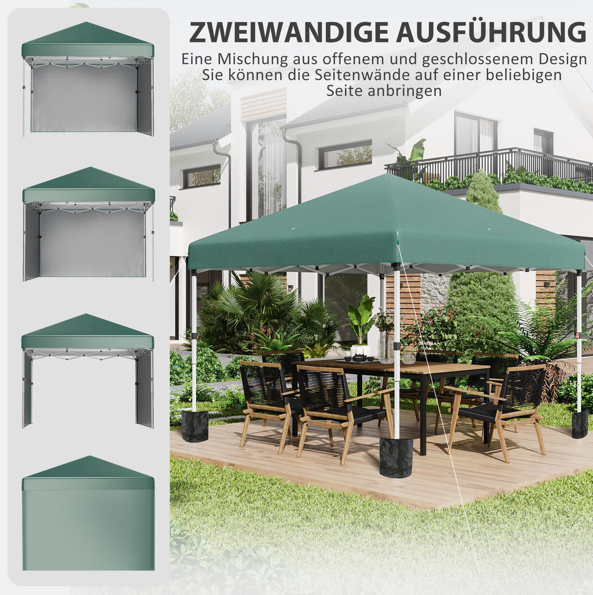 PAVILLON 297/297/288 cm höhenverstellbar, faltbar mit 2 Seitenwänden und UV30+ Schutz, Polyester, Grün - Grün, Kunststoff (297/288/297cm) - Redom